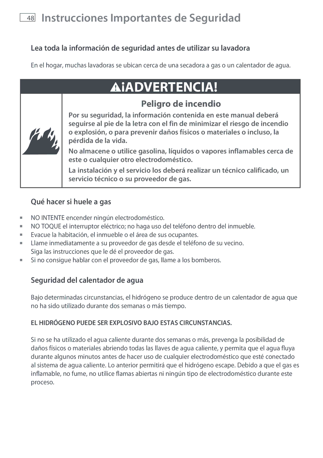 Fisher & Paykel WL26C Instrucciones Importantes de Seguridad, Qué hacer si huele a gas, Seguridad del calentador de agua 