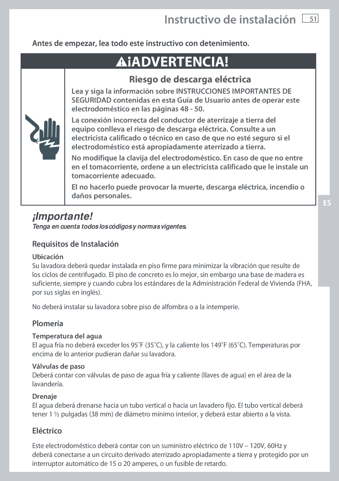 Fisher & Paykel WL37T26C, WL26C Instructivo de instalación, Requisitos de Instalación, Plomería, Eléctrico 