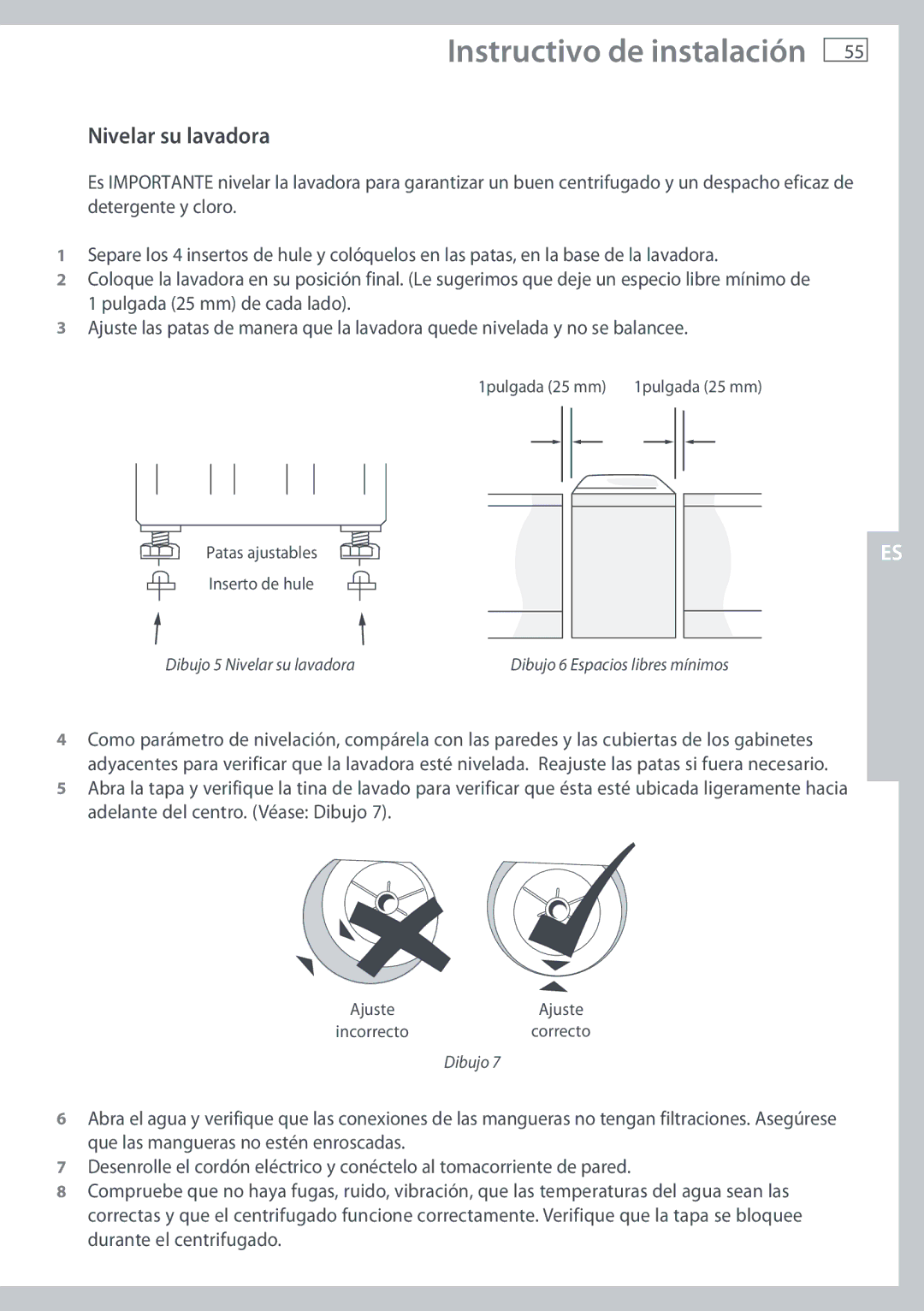 Fisher & Paykel WL37T26C, WL26C installation instructions Dibujo 5 Nivelar su lavadora 