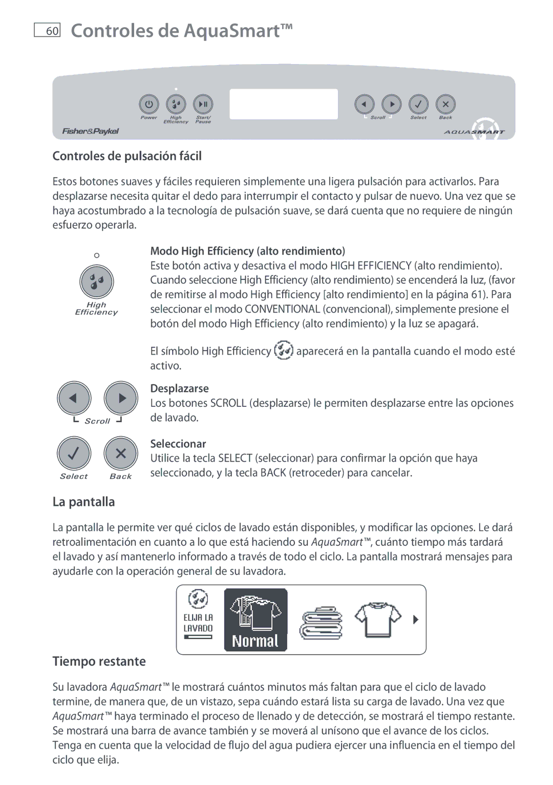 Fisher & Paykel WL26C, WL37T26C installation instructions Controles de AquaSmart, La pantalla, Tiempo restante 