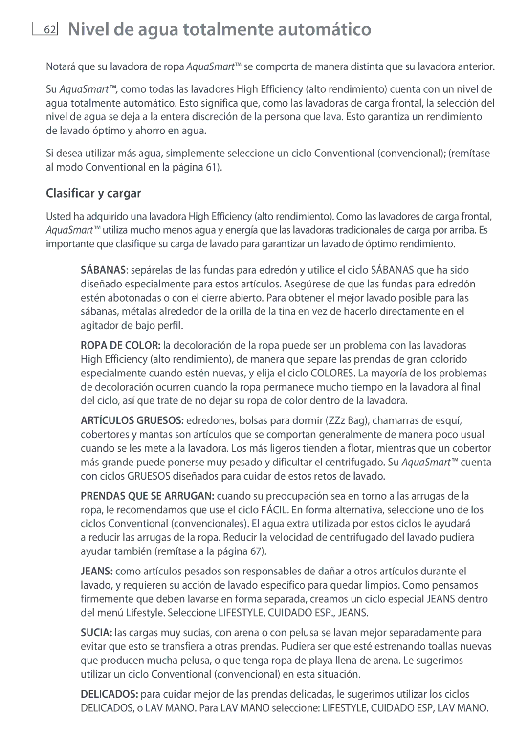 Fisher & Paykel WL26C, WL37T26C installation instructions Nivel de agua totalmente automático, Clasificar y cargar 