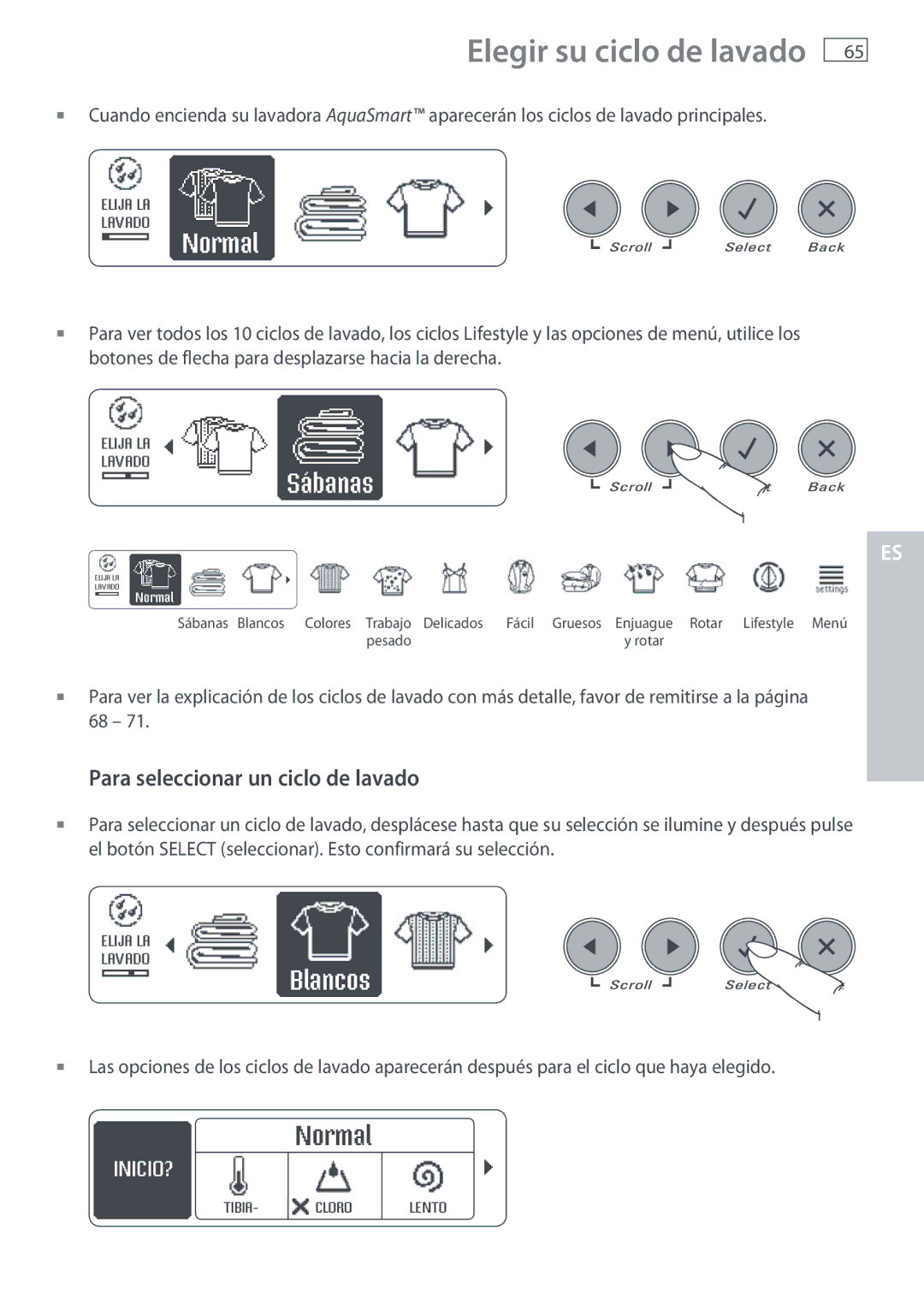 Fisher & Paykel WL37T26C, WL26C installation instructions Elegir su ciclo de lavado, Para seleccionar un ciclo de lavado 