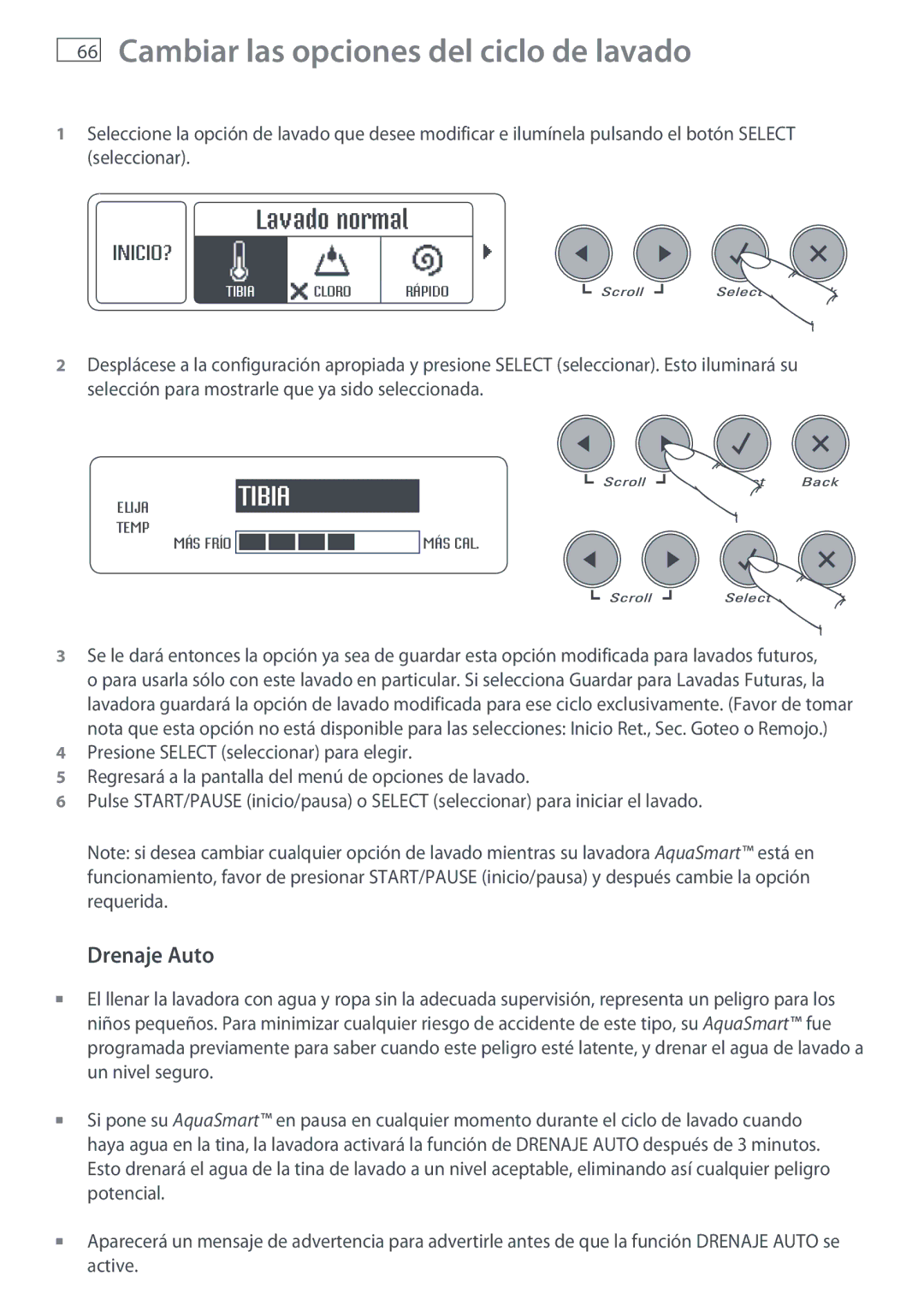 Fisher & Paykel WL26C, WL37T26C installation instructions Cambiar las opciones del ciclo de lavado, Drenaje Auto 