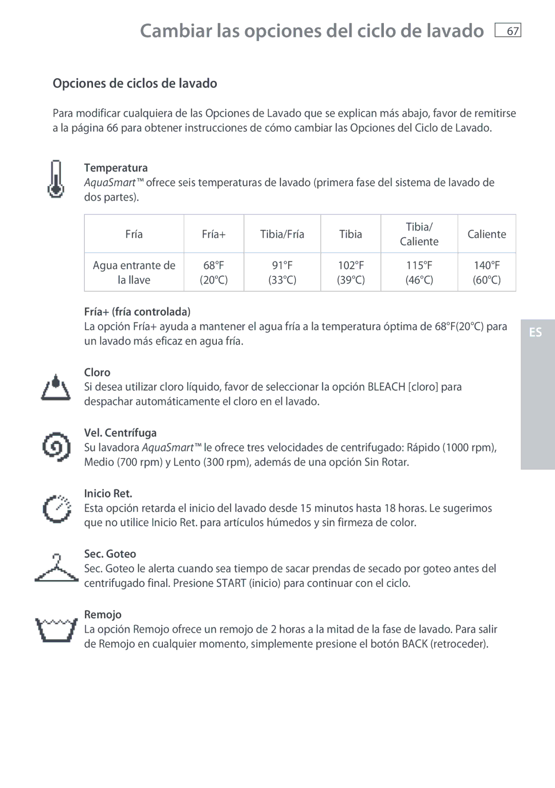 Fisher & Paykel WL37T26C, WL26C installation instructions Opciones de ciclos de lavado 