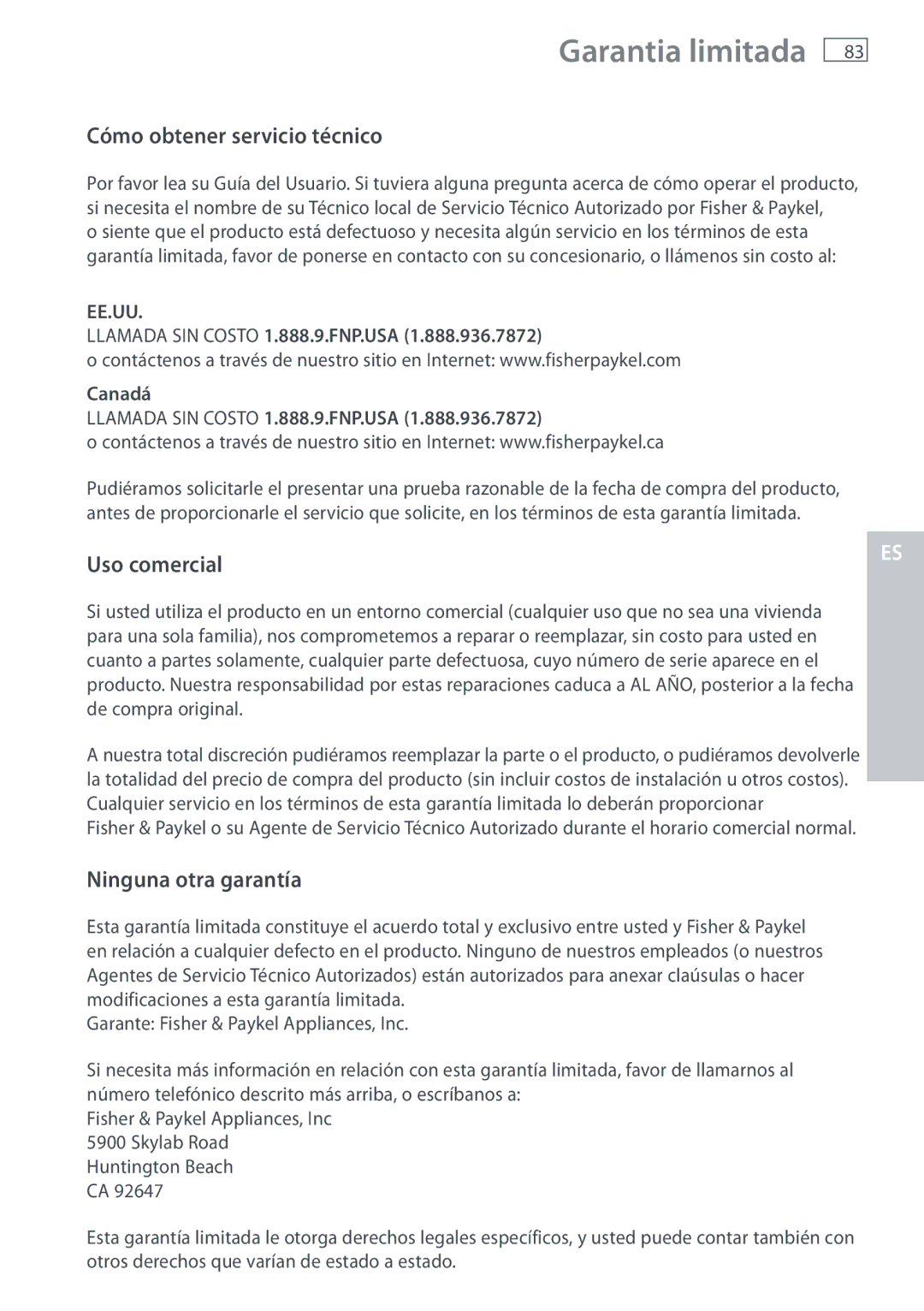 Fisher & Paykel WL37T26C, WL26C Cómo obtener servicio técnico, Uso comercial, Ninguna otra garantía 