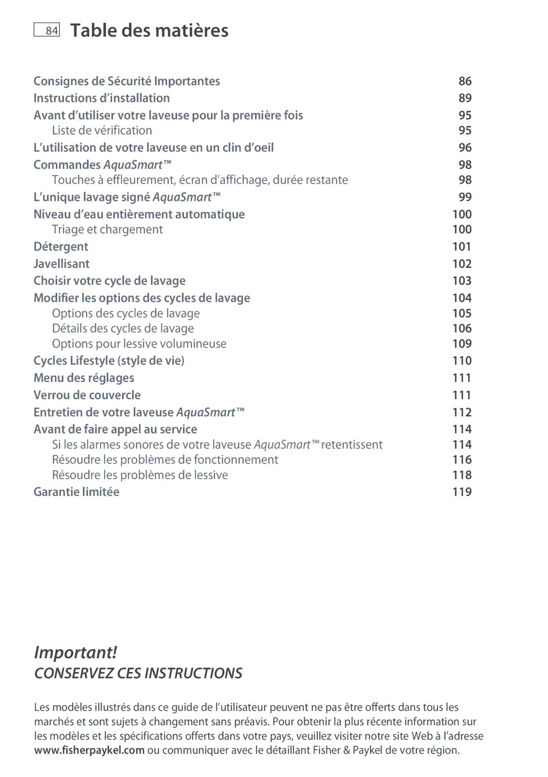 Fisher & Paykel WL26C, WL37T26C installation instructions Table des matières 