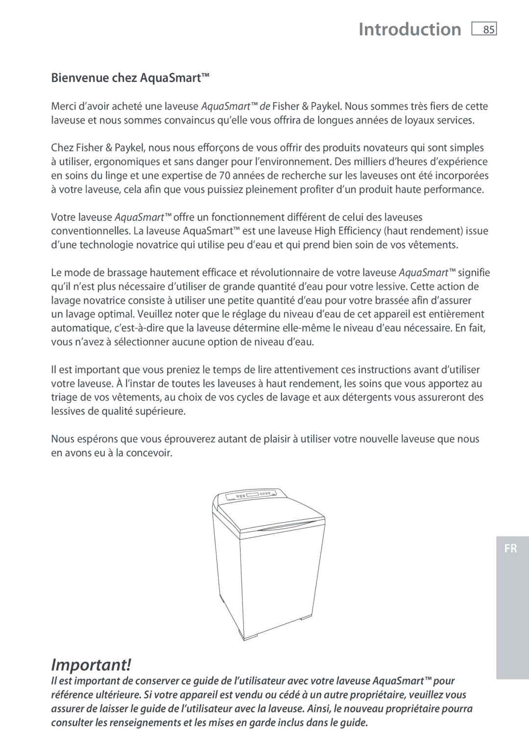 Fisher & Paykel WL37T26C, WL26C installation instructions Introduction, Bienvenue chez AquaSmart 