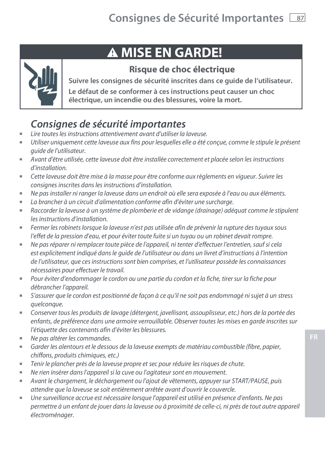 Fisher & Paykel WL37T26C, WL26C installation instructions Consignes de sécurité importantes 