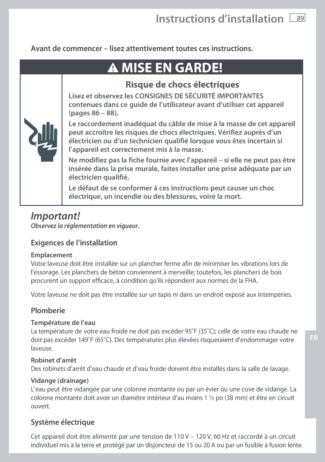 Fisher & Paykel WL37T26C, WL26C Instructions d’installation, Exigences de l’installation, Plomberie, Système électrique 