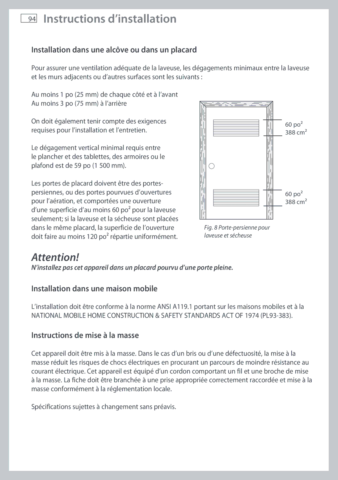 Fisher & Paykel WL26C, WL37T26C Installation dans une alcôve ou dans un placard, Installation dans une maison mobile 