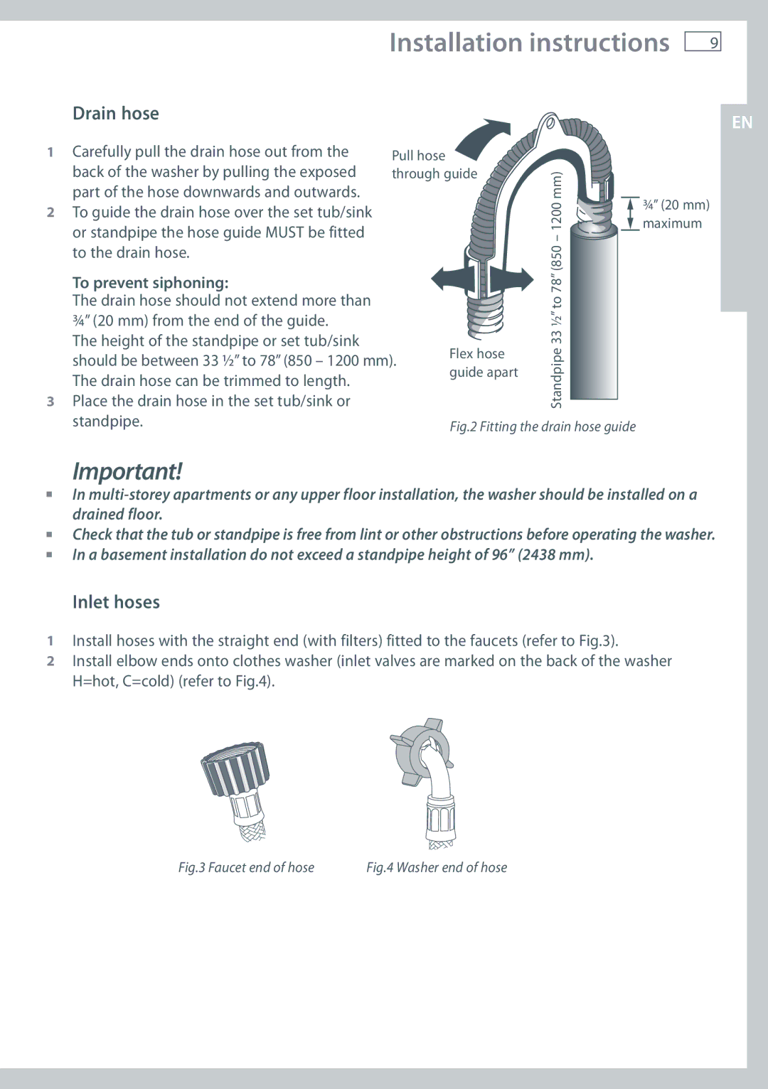 Fisher & Paykel WL37T26D installation instructions Drain hose, Inlet hoses, To prevent siphoning 