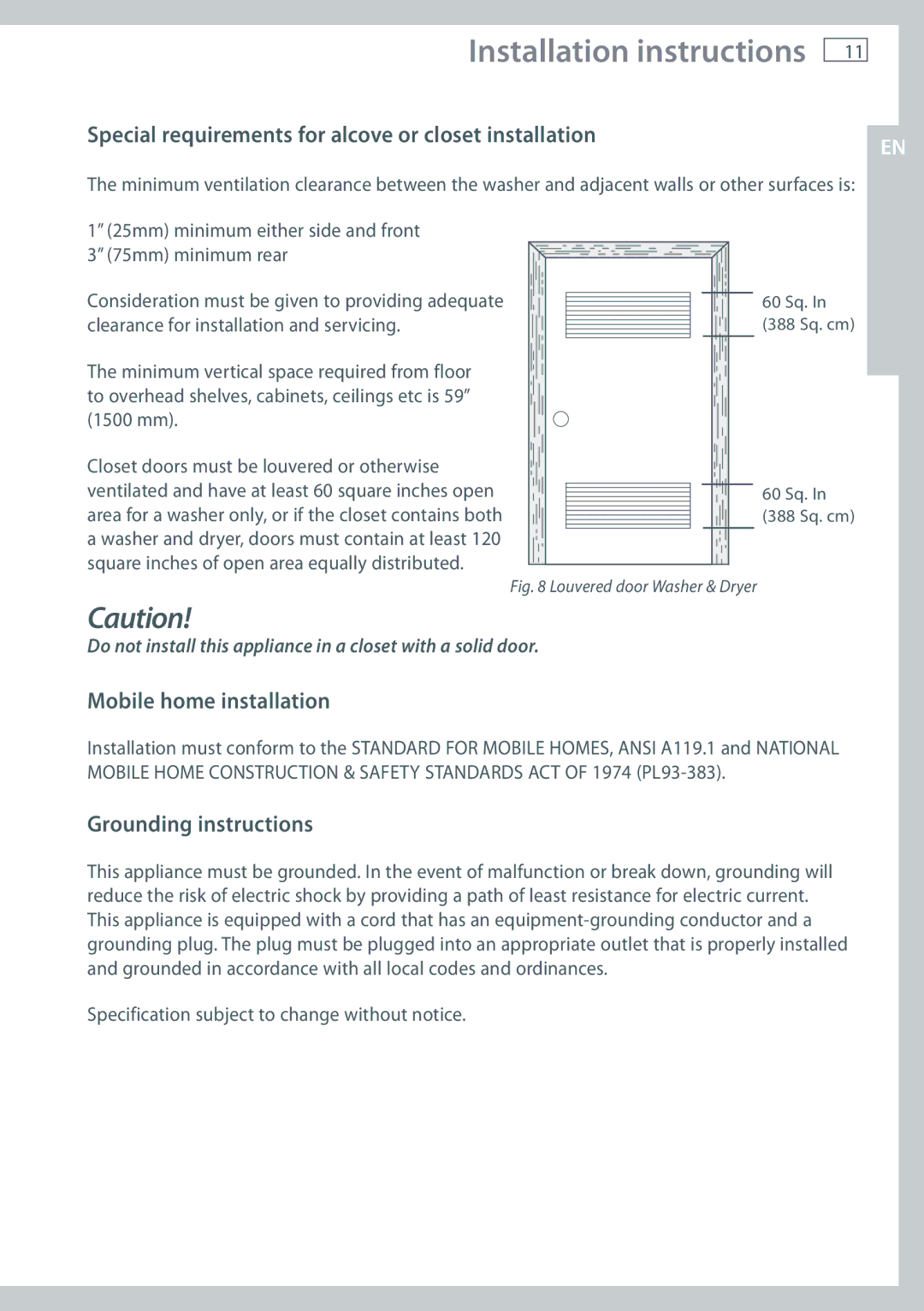 Fisher & Paykel WL37T26D Special requirements for alcove or closet installation, Mobile home installation 