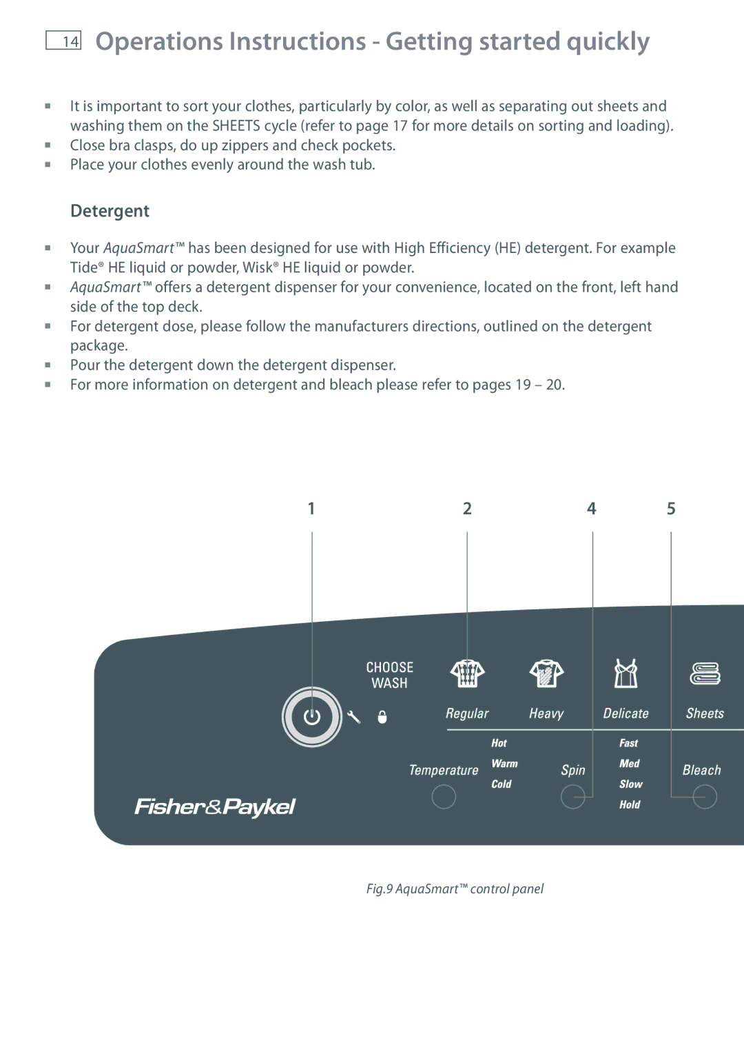 Fisher & Paykel WL37T26D installation instructions Operations Instructions Getting started quickly, Detergent 