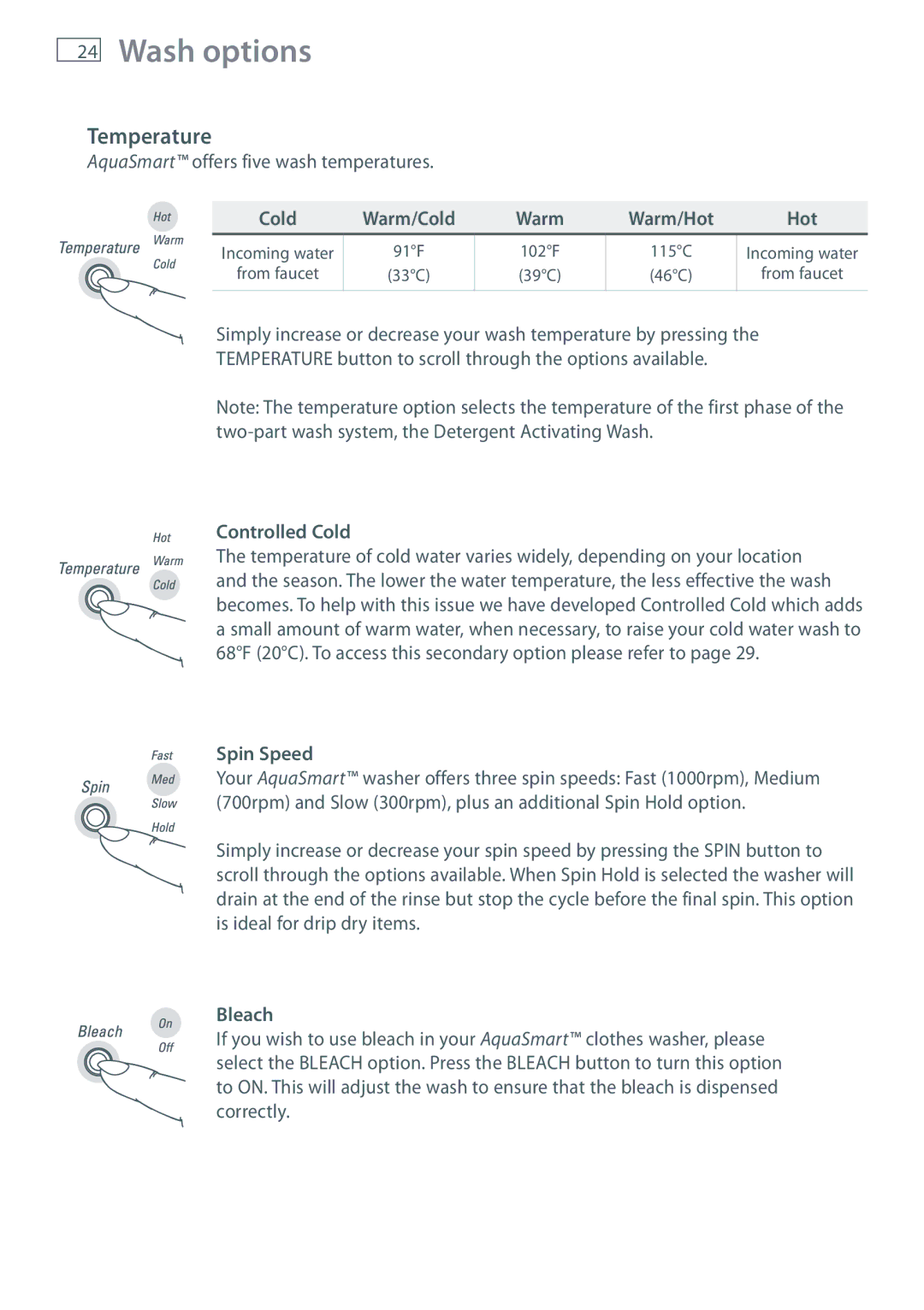 Fisher & Paykel WL37T26D installation instructions Wash options, Temperature 