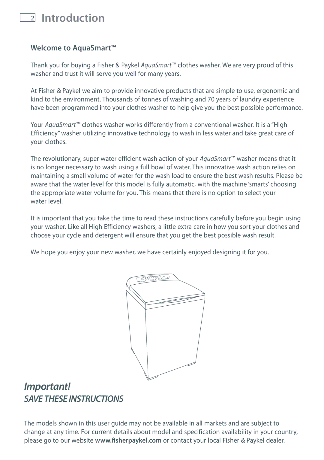 Fisher & Paykel WL37T26D installation instructions Introduction, Welcome to AquaSmart, Water level 