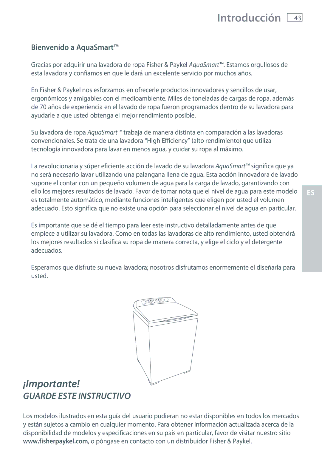 Fisher & Paykel WL37T26D installation instructions Introducción, Bienvenido a AquaSmart 