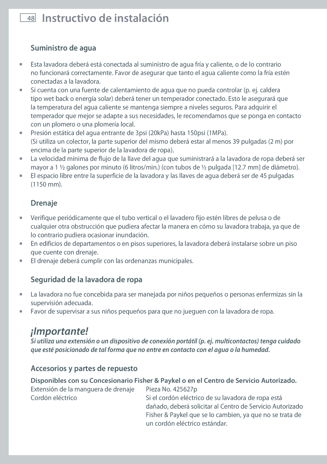 Fisher & Paykel WL37T26D Suministro de agua, Drenaje, Seguridad de la lavadora de ropa, Accesorios y partes de repuesto 