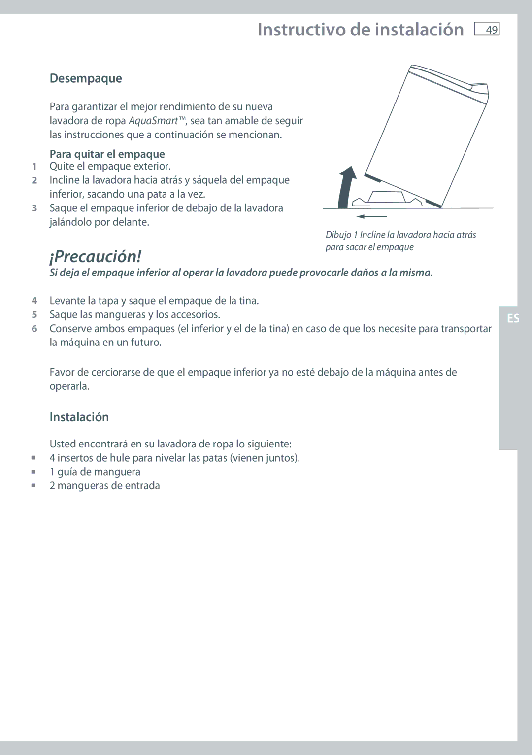 Fisher & Paykel WL37T26D Desempaque, Instalación, Para quitar el empaque, La máquina en un futuro, Operarla 