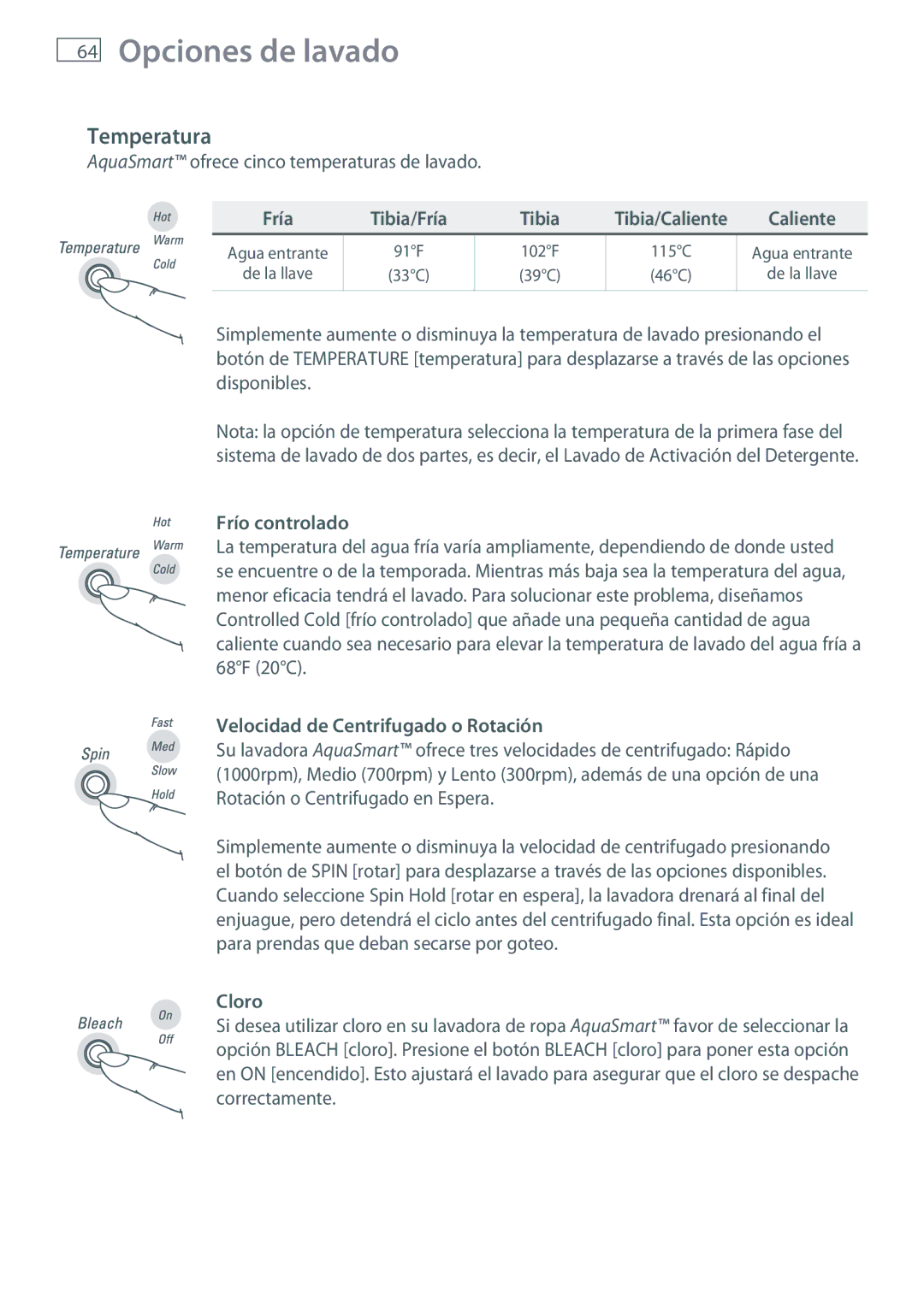 Fisher & Paykel WL37T26D installation instructions Opciones de lavado, Temperatura 