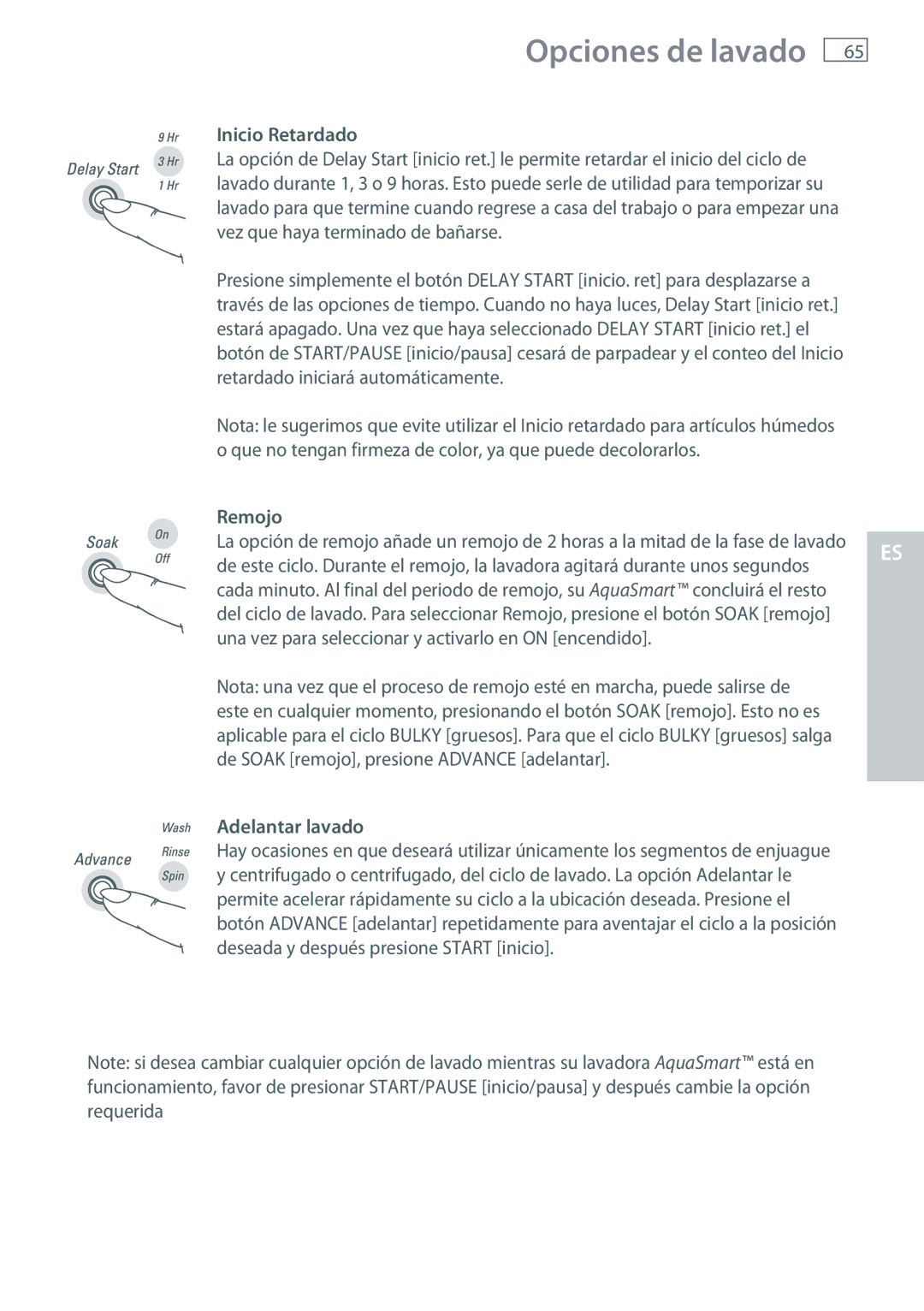 Fisher & Paykel WL37T26D installation instructions Inicio Retardado, Remojo, Adelantar lavado 