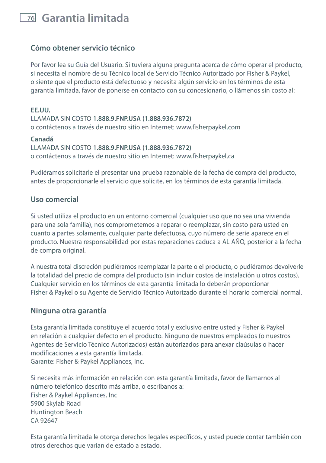 Fisher & Paykel WL37T26D installation instructions Cómo obtener servicio técnico, Uso comercial, Ninguna otra garantía 