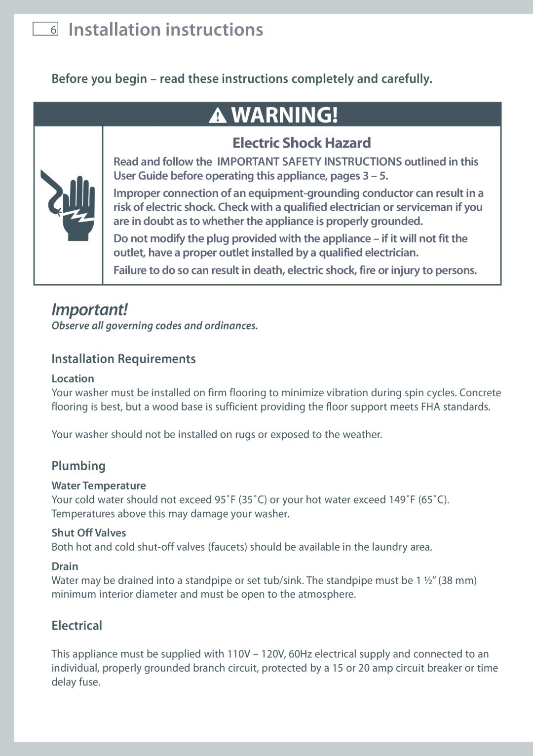 Fisher & Paykel WL37T26D Installation instructions, Installation Requirements, Plumbing, Electrical 