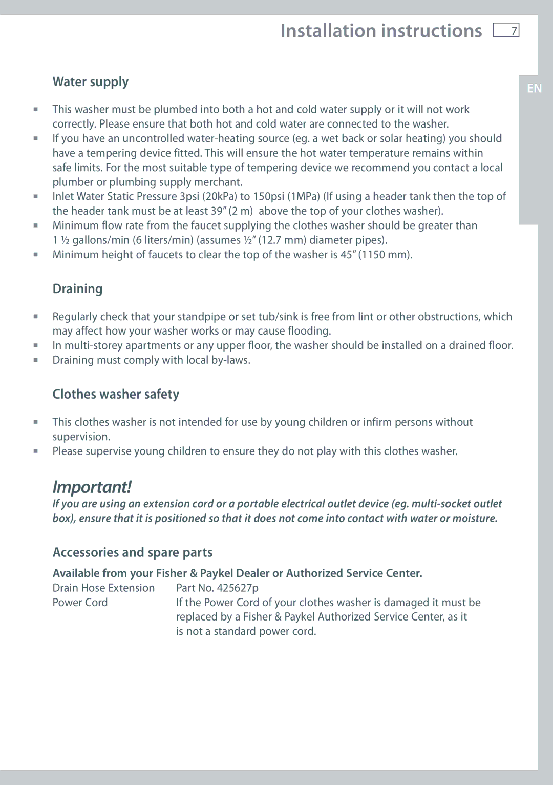 Fisher & Paykel WL37T26D Water supply, Draining, Clothes washer safety, Accessories and spare parts 