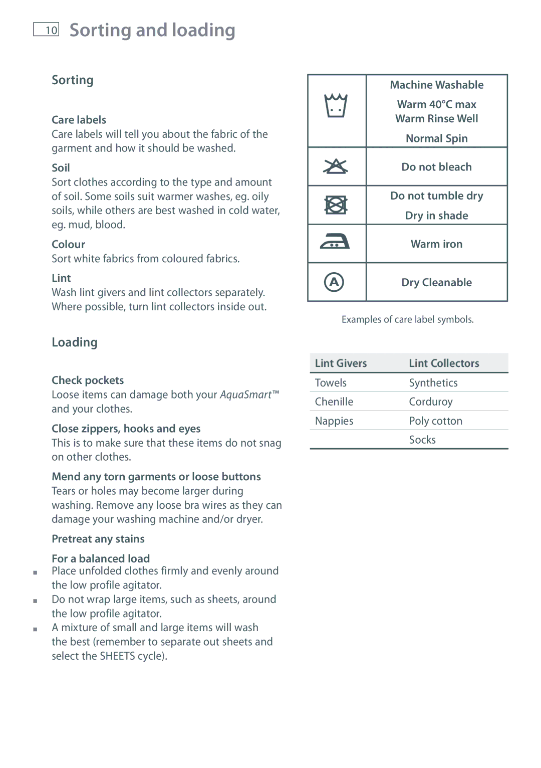 Fisher & Paykel WL70T60D, WL80T65D installation instructions Sorting, Loading 