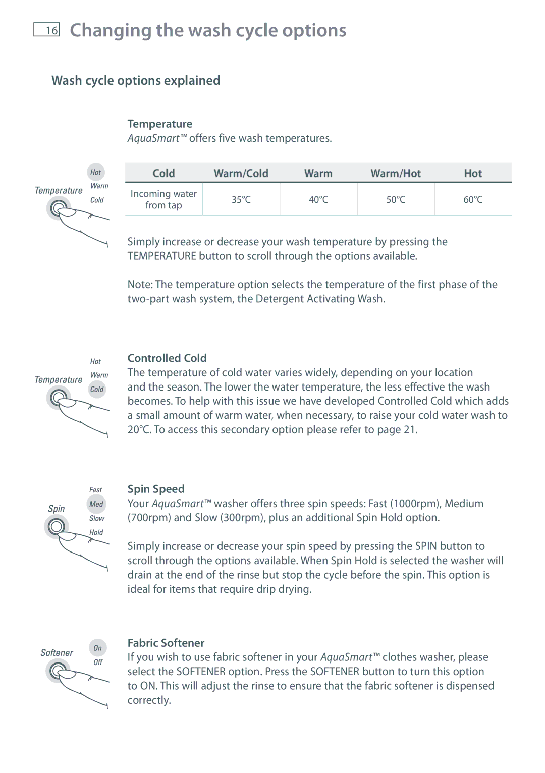 Fisher & Paykel WL70T60D, WL80T65D installation instructions Wash cycle options explained 