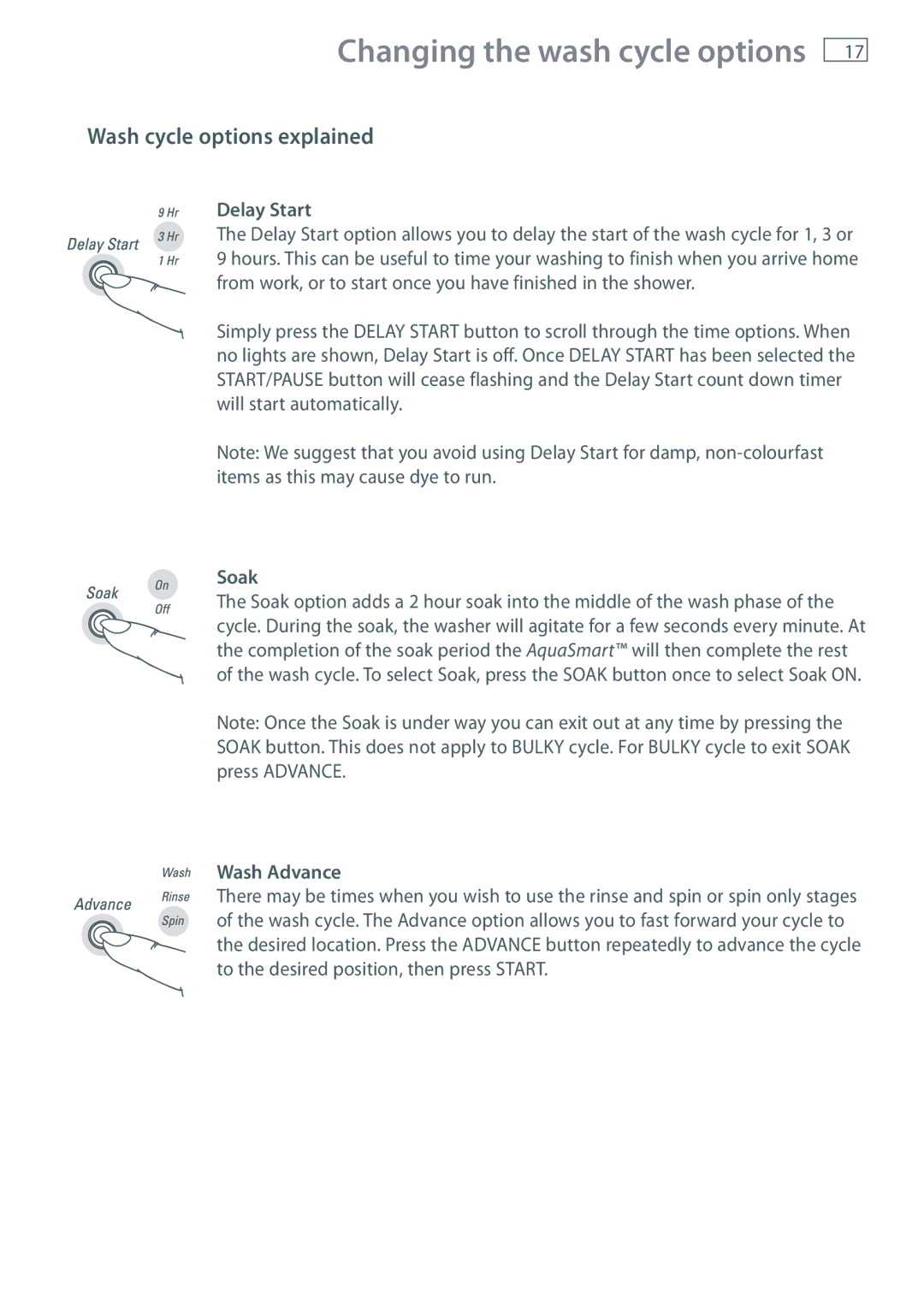 Fisher & Paykel WL80T65D, WL70T60D installation instructions Delay Start, Soak, Wash Advance 