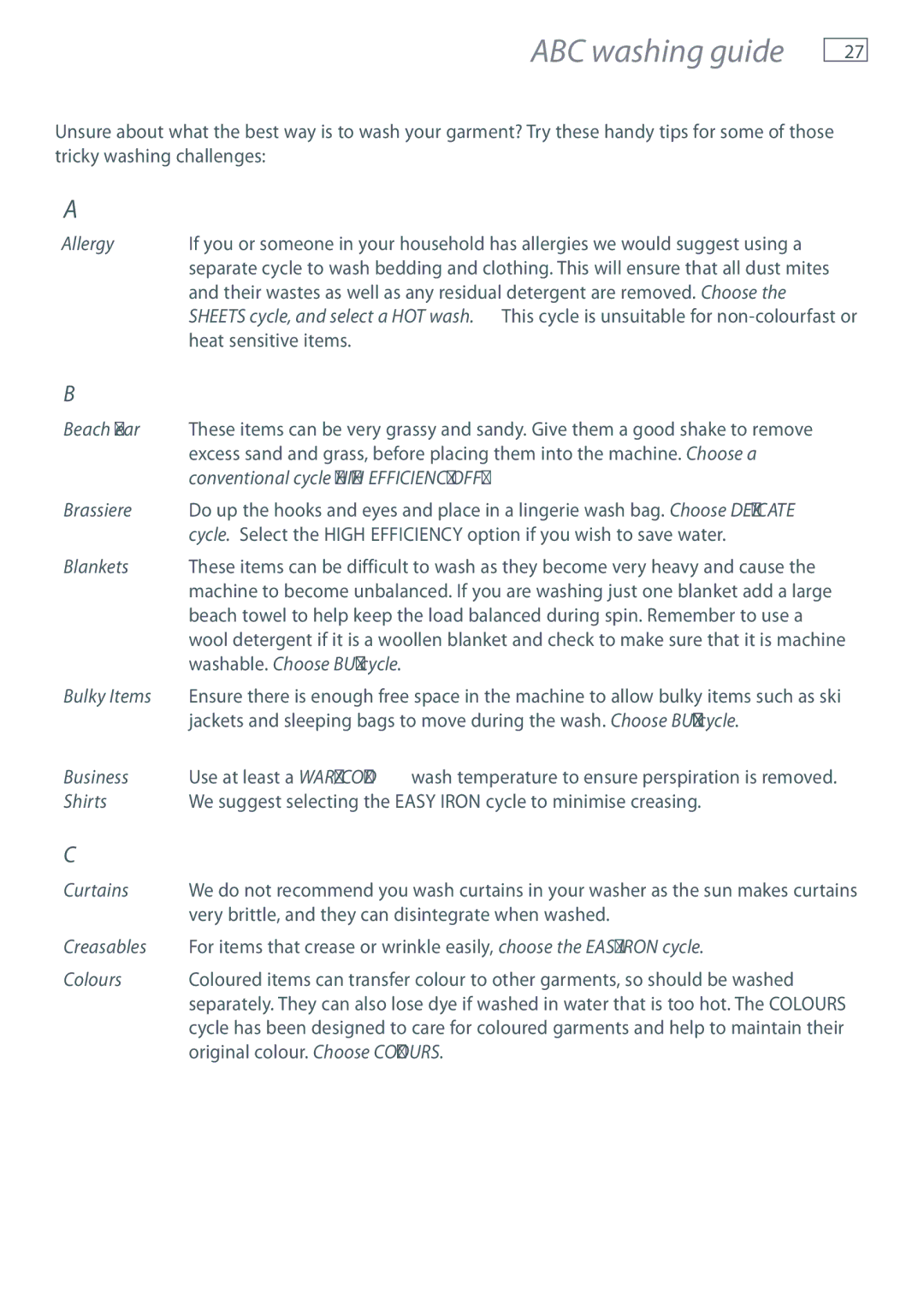 Fisher & Paykel WL80T65D, WL70T60D installation instructions ABC washing guide 