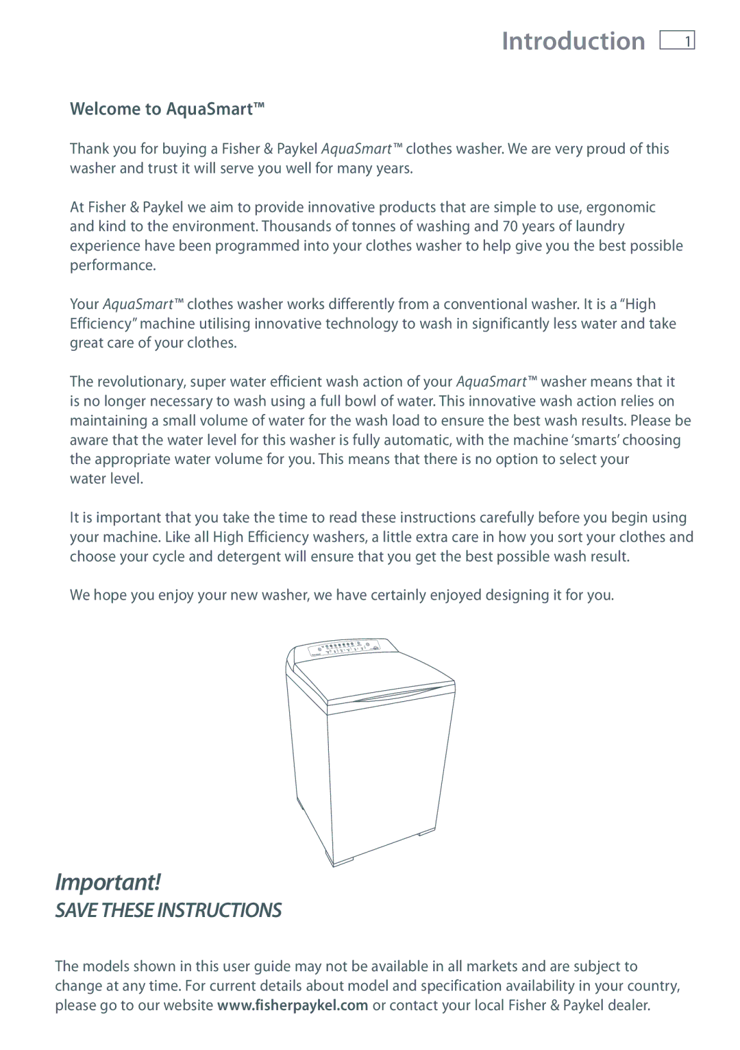 Fisher & Paykel WL80T65D, WL70T60D installation instructions Introduction, Welcome to AquaSmart 