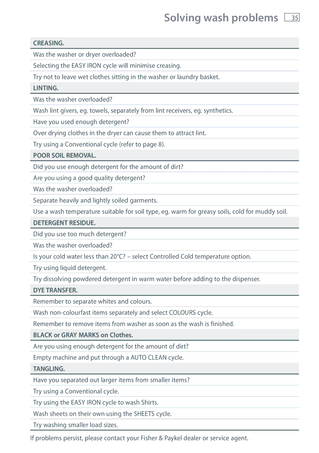 Fisher & Paykel WL80T65D, WL70T60D installation instructions Solving wash problems, Black or Gray Marks on Clothes 