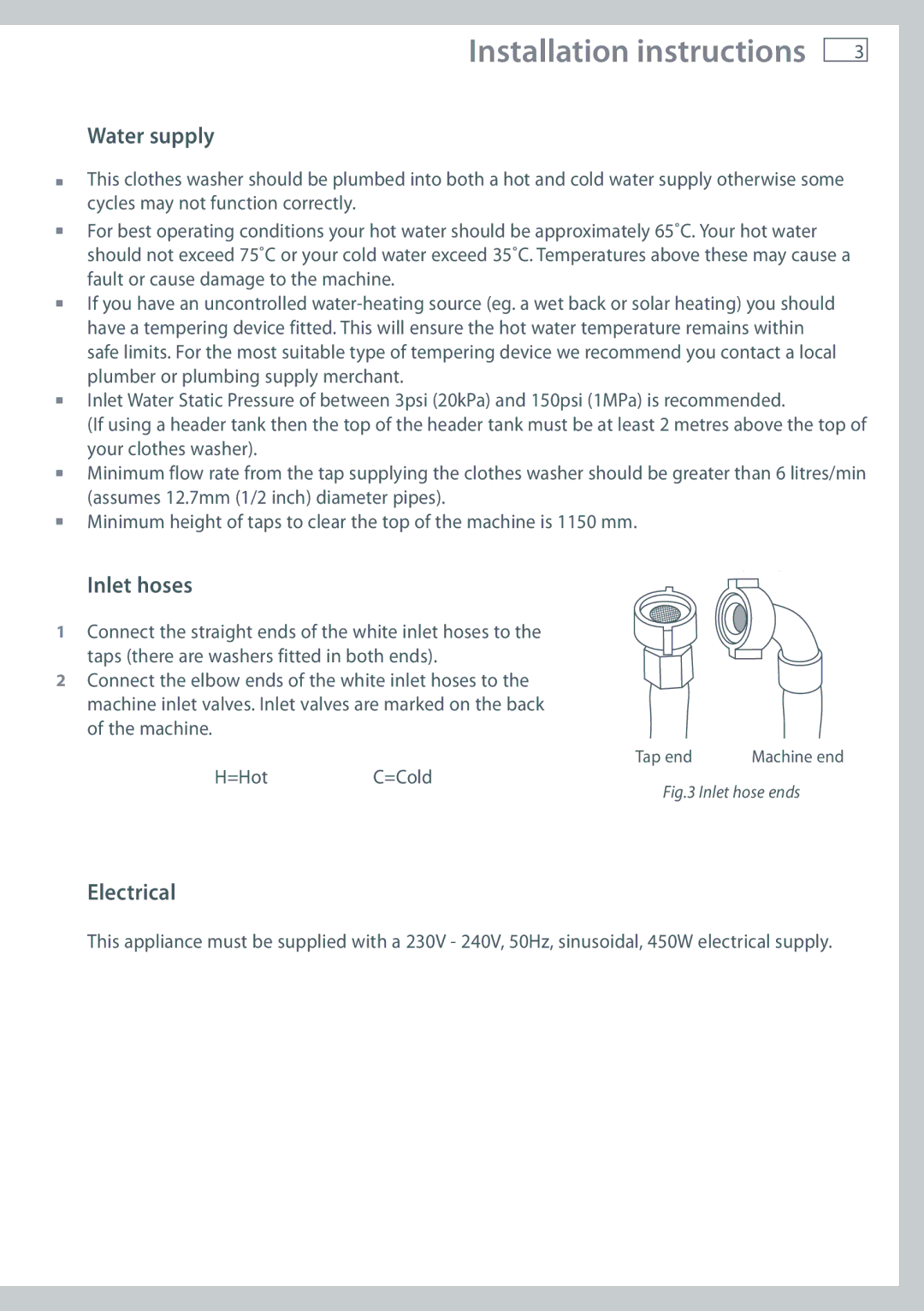 Fisher & Paykel WL80T65D, WL70T60D Installation instructions, Water supply, Inlet hoses, Electrical 