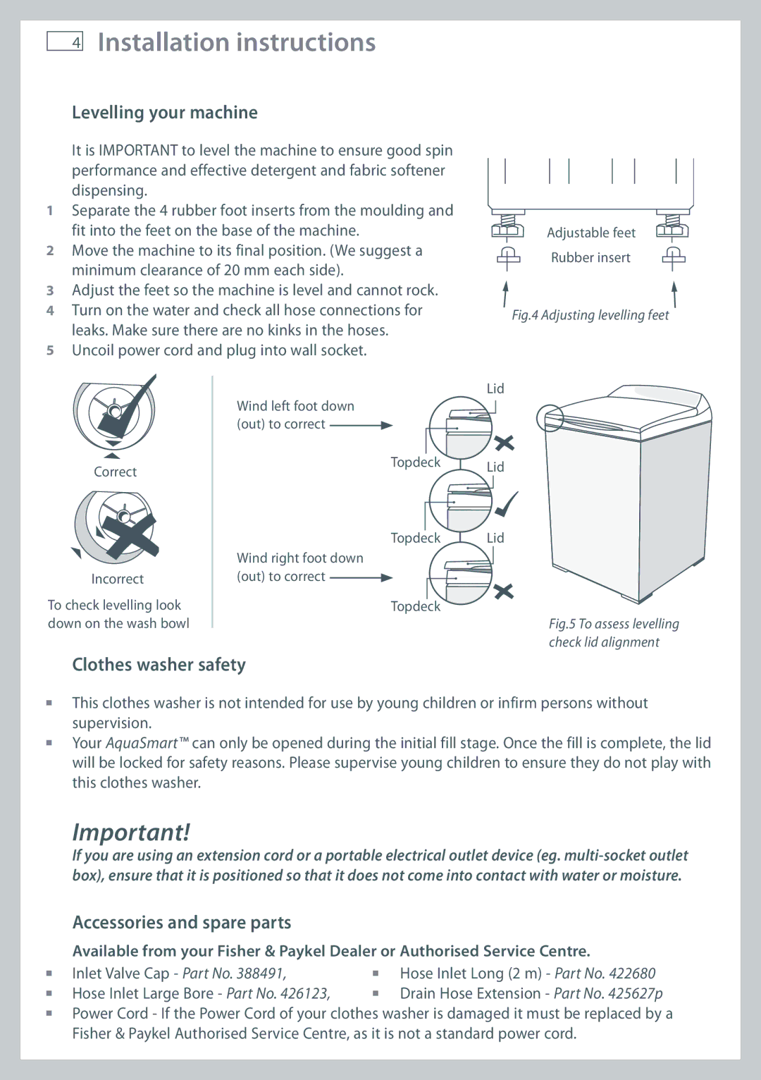 Fisher & Paykel WL70T60D, WL80T65D Levelling your machine, Clothes washer safety, Accessories and spare parts 