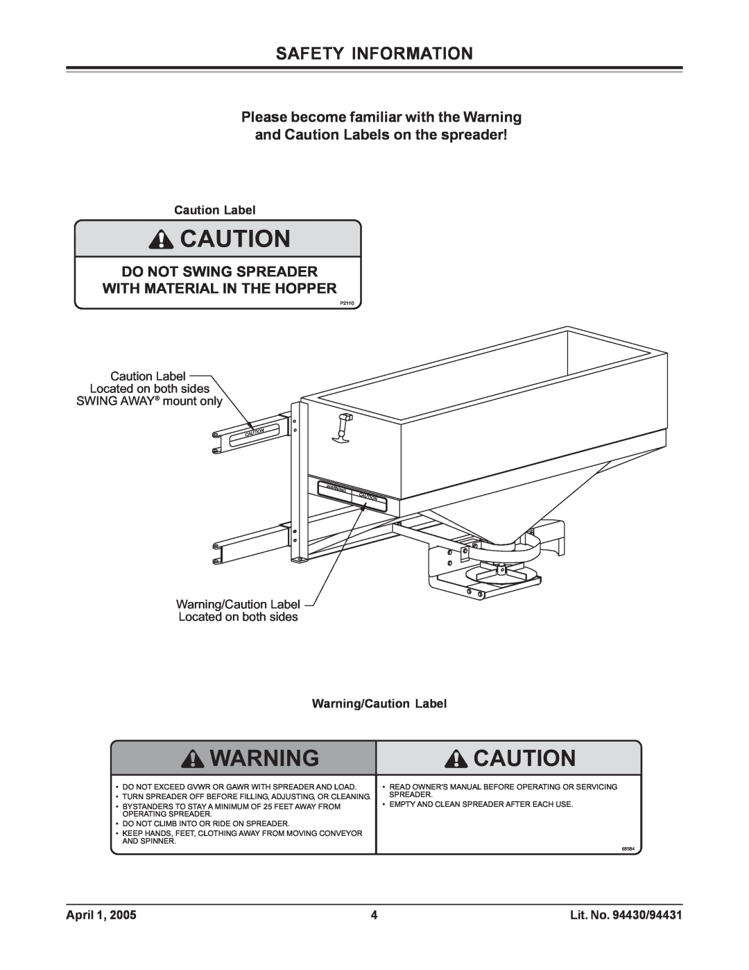 Fisher 1000-(10003), 2000-(20364) Warning Caution, Do Not Swing Spreader With Material In The Hopper, Safety Information 