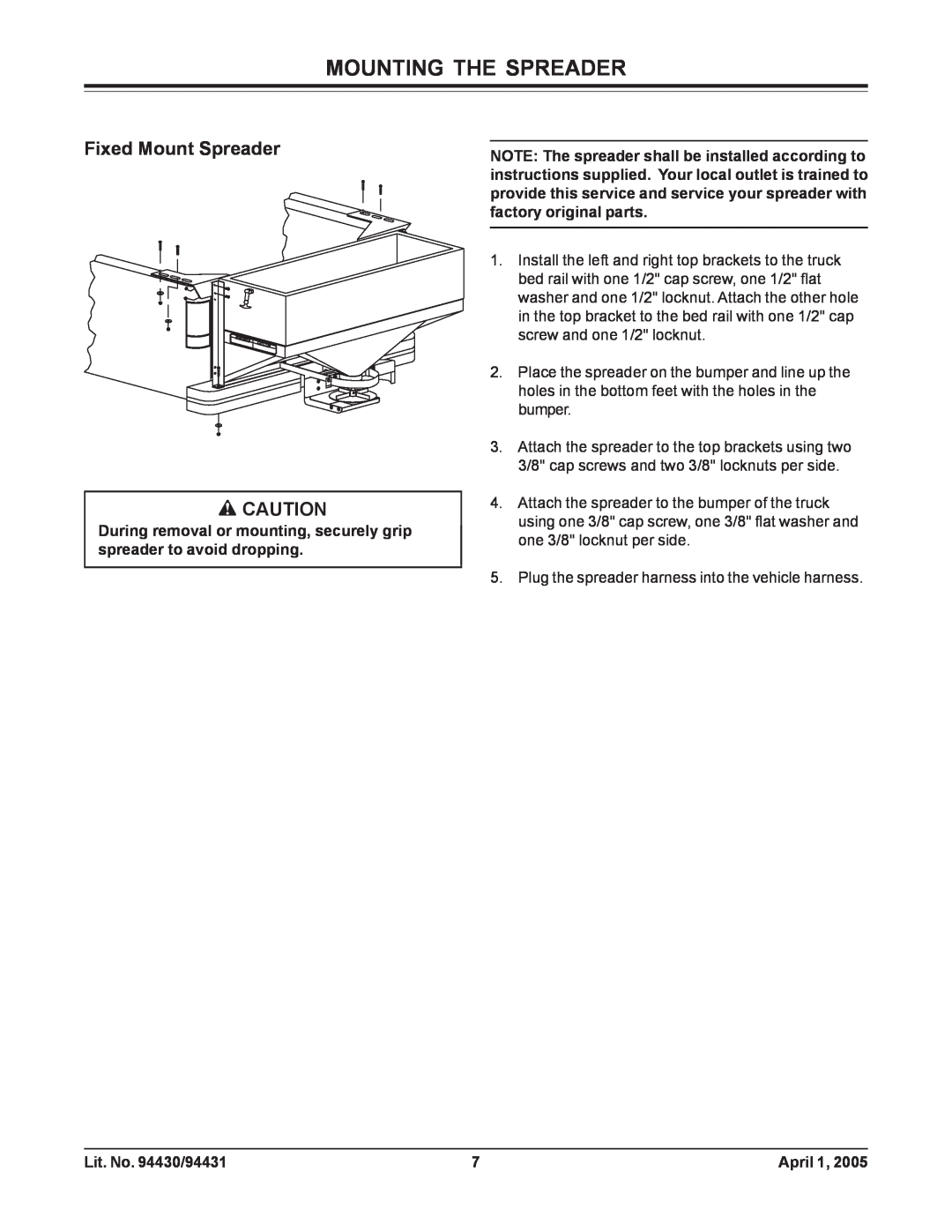 Fisher 2000-(20364), 1000-(10003) owner manual Mounting The Spreader, Fixed Mount Spreader 