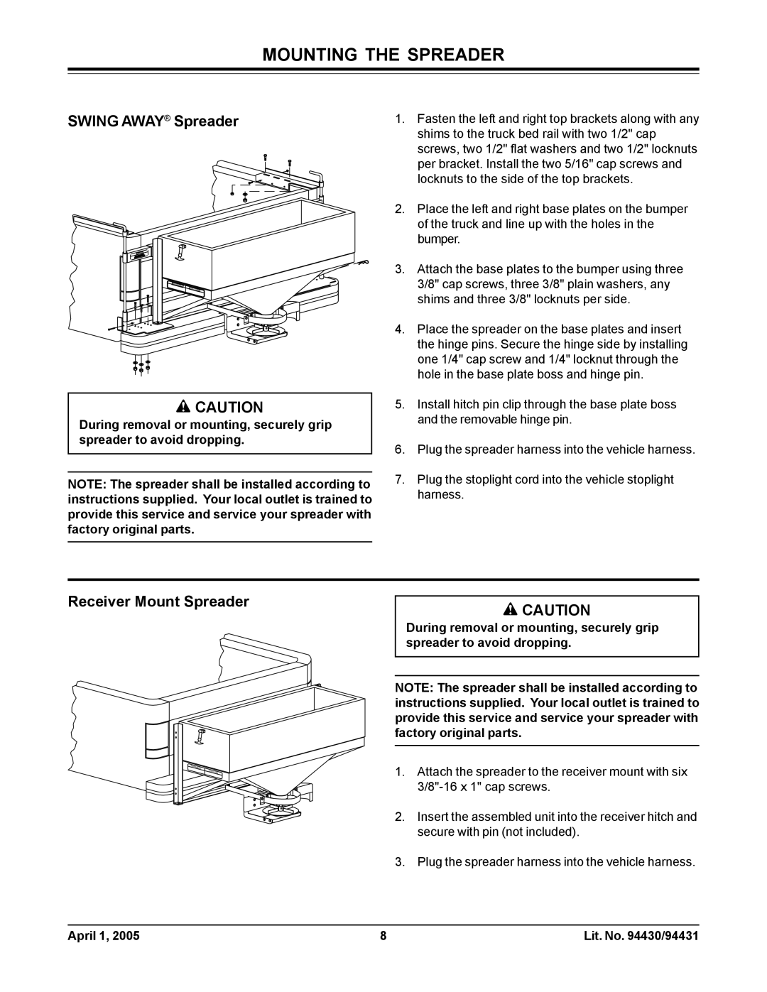 Fisher 1000-(10003), 2000-(20364) owner manual Swing Away Spreader, Receiver Mount Spreader 