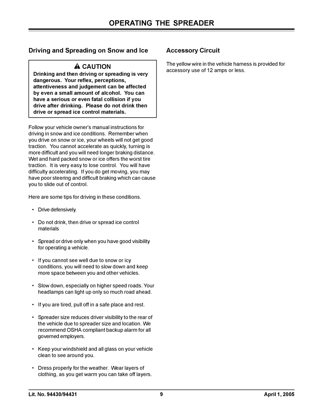 Fisher 2000-(20364), 1000-(10003) Operating the Spreader, Driving and Spreading on Snow and Ice, Accessory Circuit 