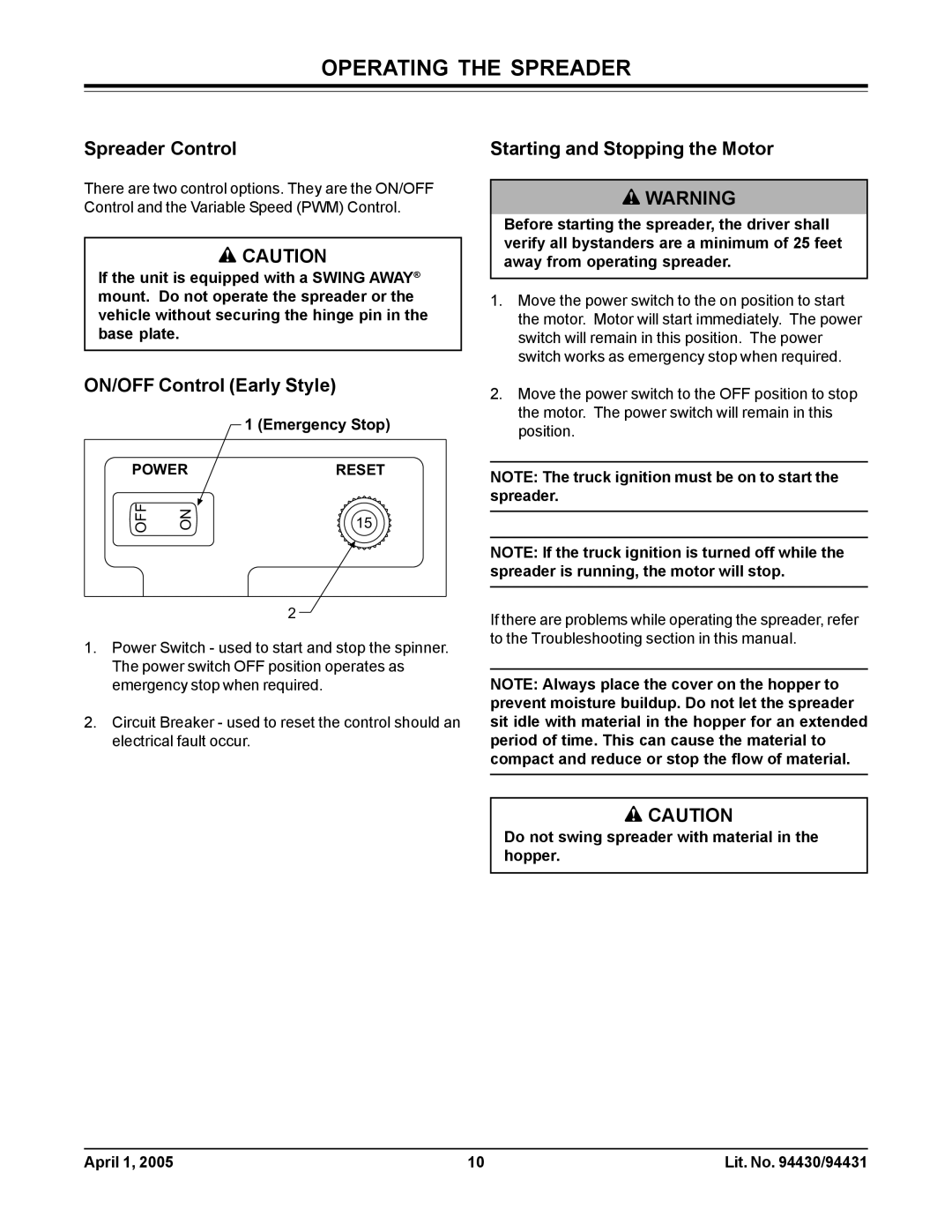 Fisher 1000-(10003) Spreader Control, ON/OFF Control Early Style, Starting and Stopping the Motor, Emergency Stop 