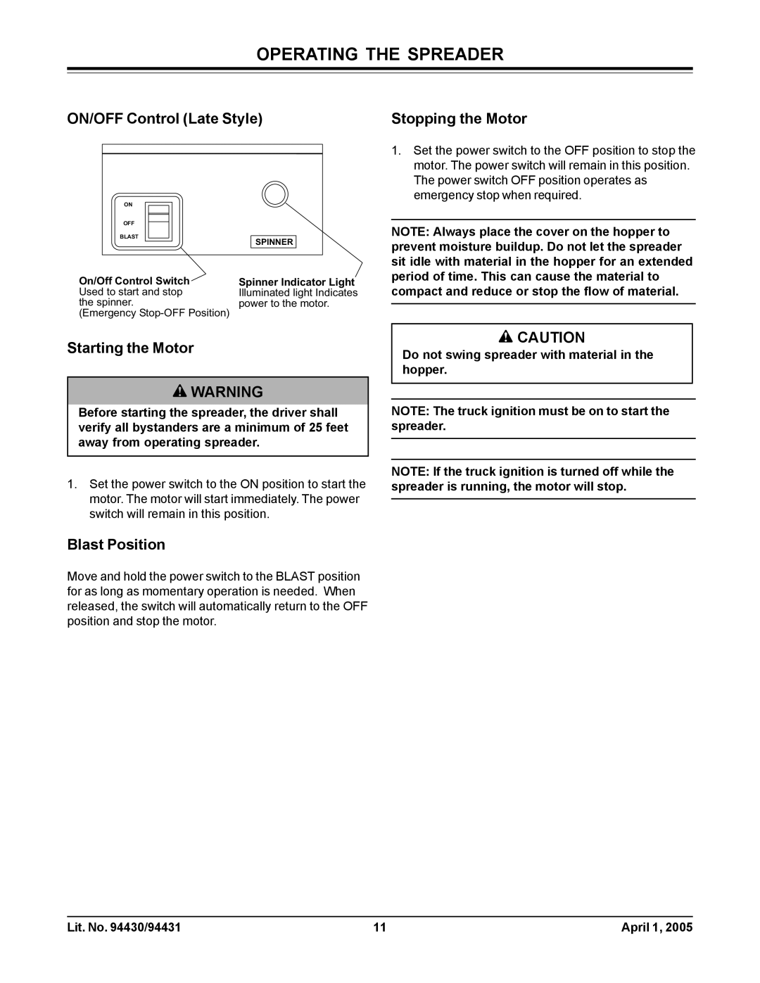 Fisher 2000-(20364), 1000-(10003) ON/OFF Control Late Style Stopping the Motor, Starting the Motor, Blast Position 