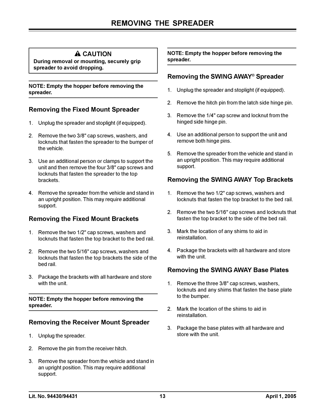 Fisher 2000-(20364), 1000-(10003) owner manual Removing the Spreader 