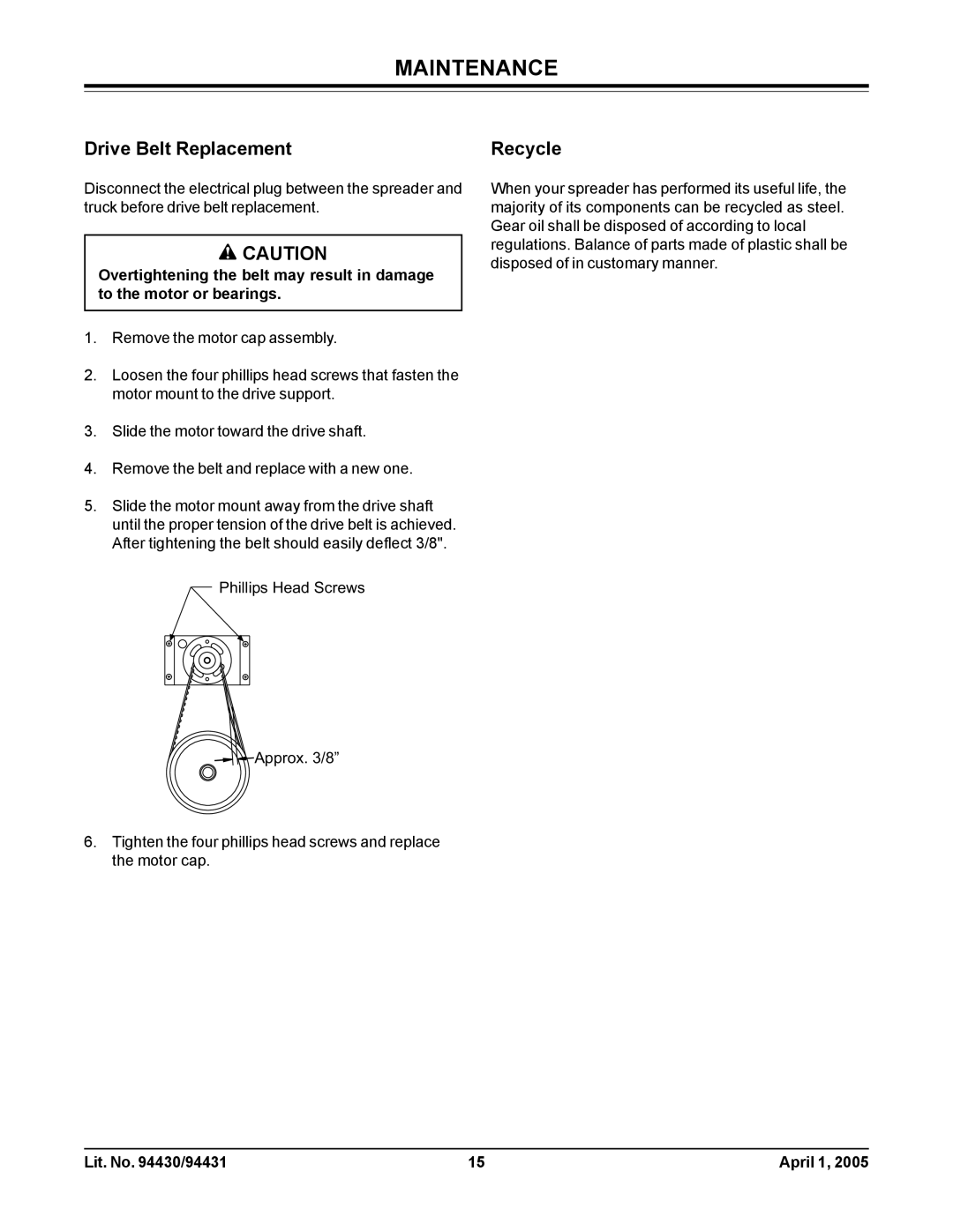 Fisher 2000-(20364), 1000-(10003) owner manual Drive Belt Replacement, Recycle 