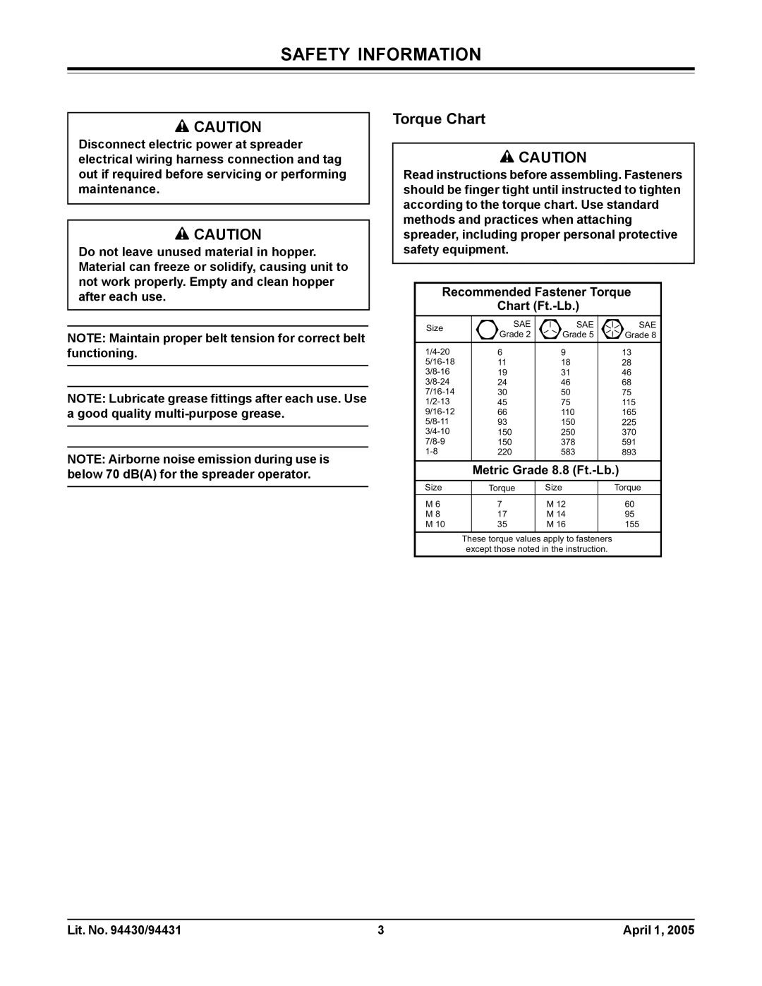 Fisher 2000-(20364), 1000-(10003) owner manual Torque Chart, Metric Grade 8.8 Ft.-Lb 