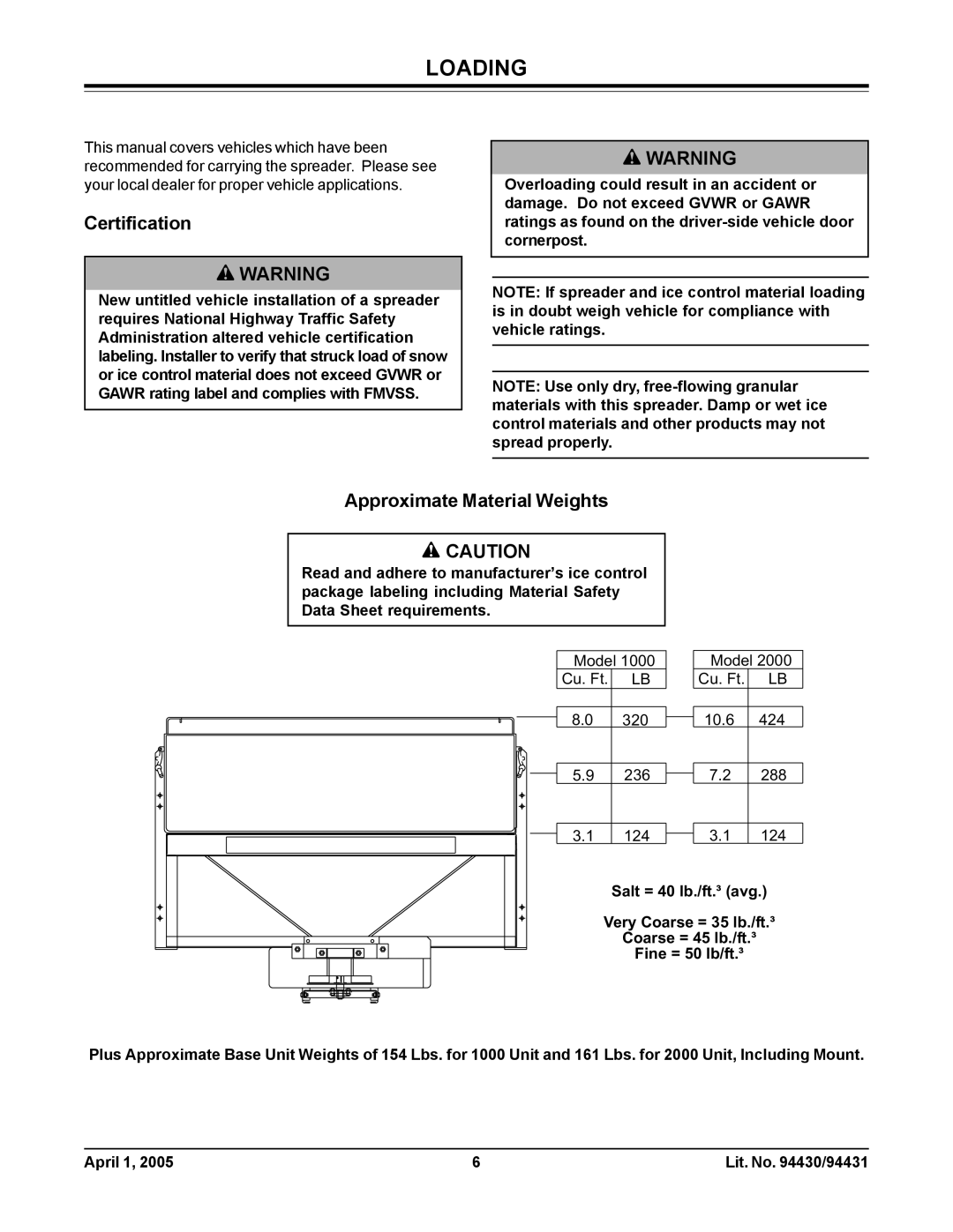 Fisher 1000-(10003), 2000-(20364) owner manual Loading, Certification, Approximate Material Weights 