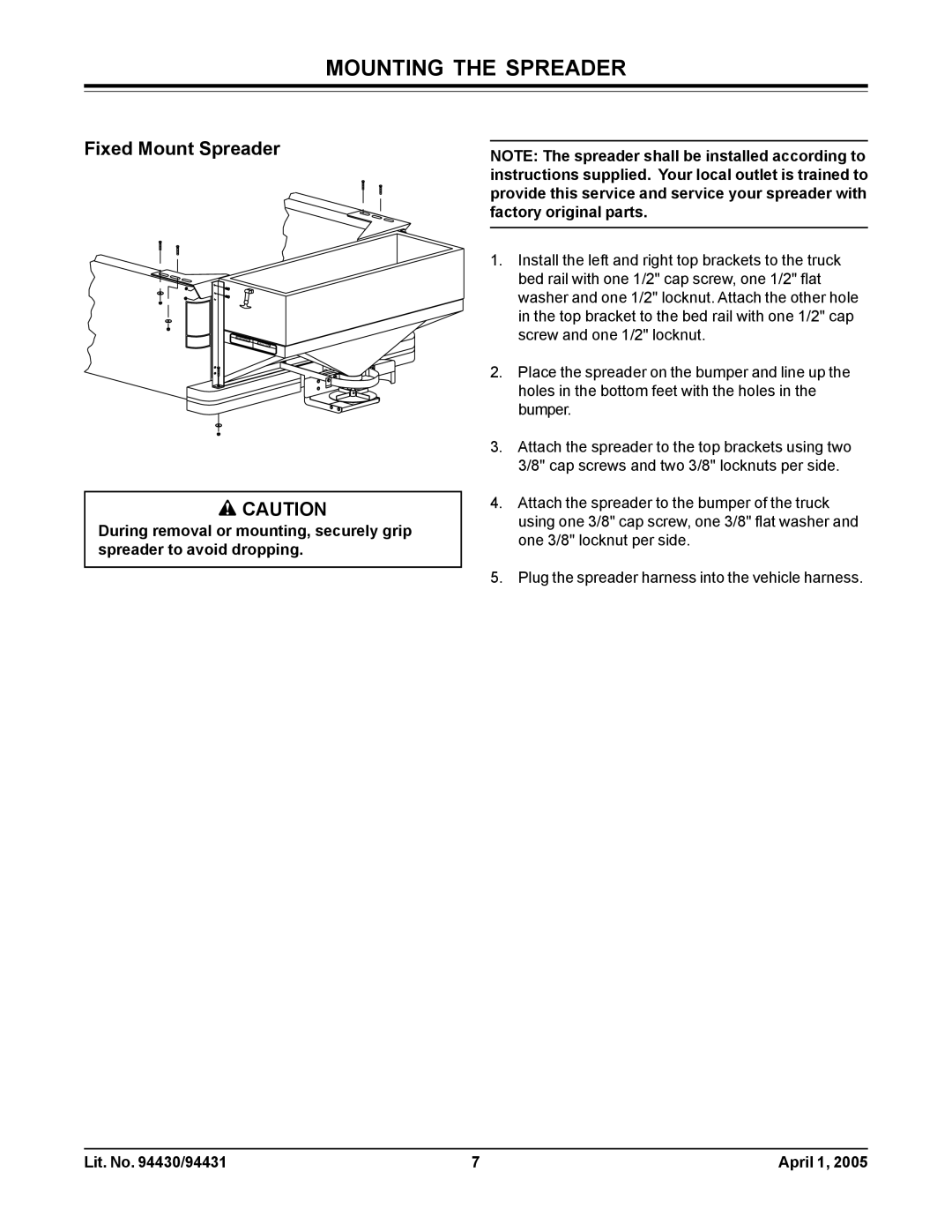 Fisher 2000-(20364), 1000-(10003) owner manual Mounting the Spreader, Fixed Mount Spreader 