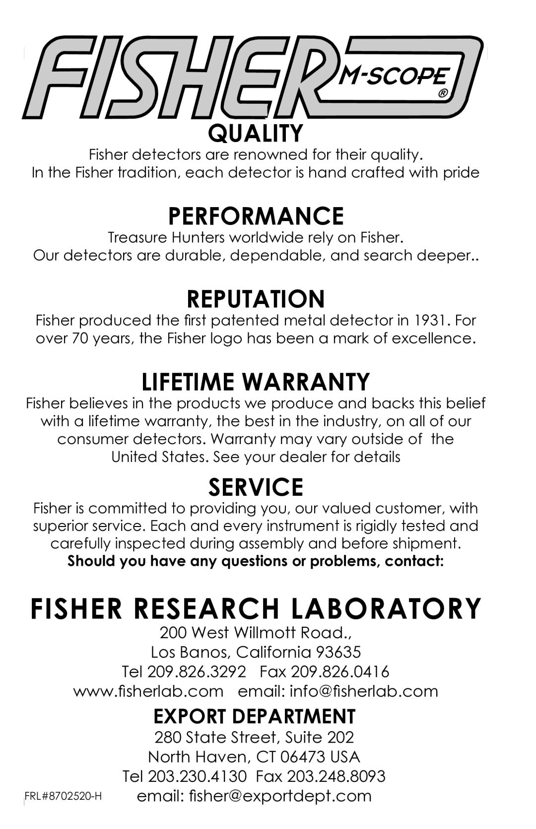 Fisher 1225-X manual Fisher Research Laboratory, Quality 