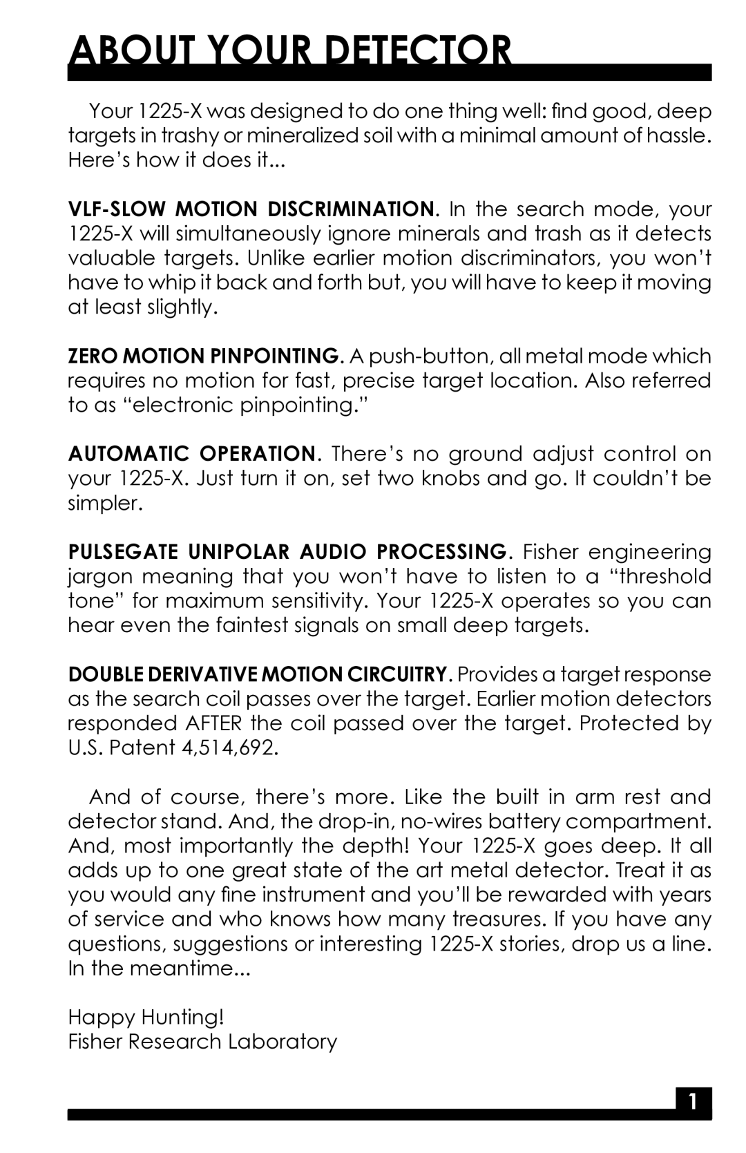 Fisher 1225-X manual About Your Detector 