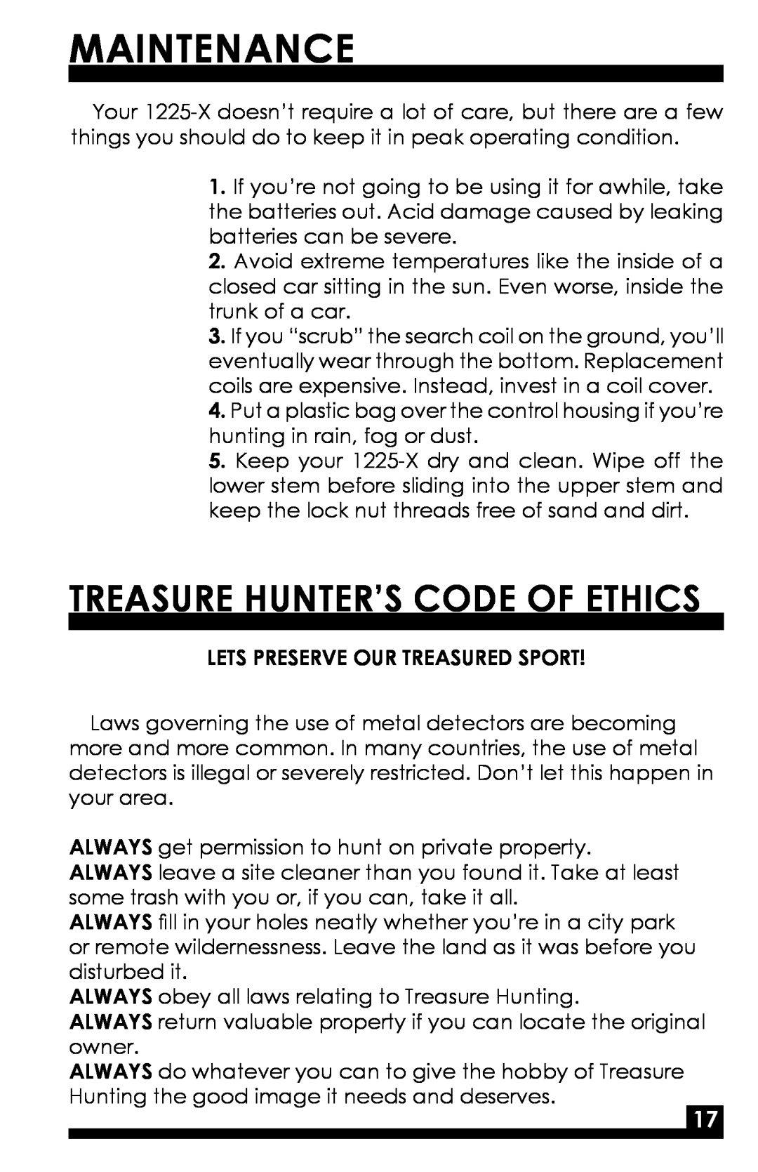 Fisher 1225-X manual Maintenance, Treasure Hunter’S Code Of Ethics 