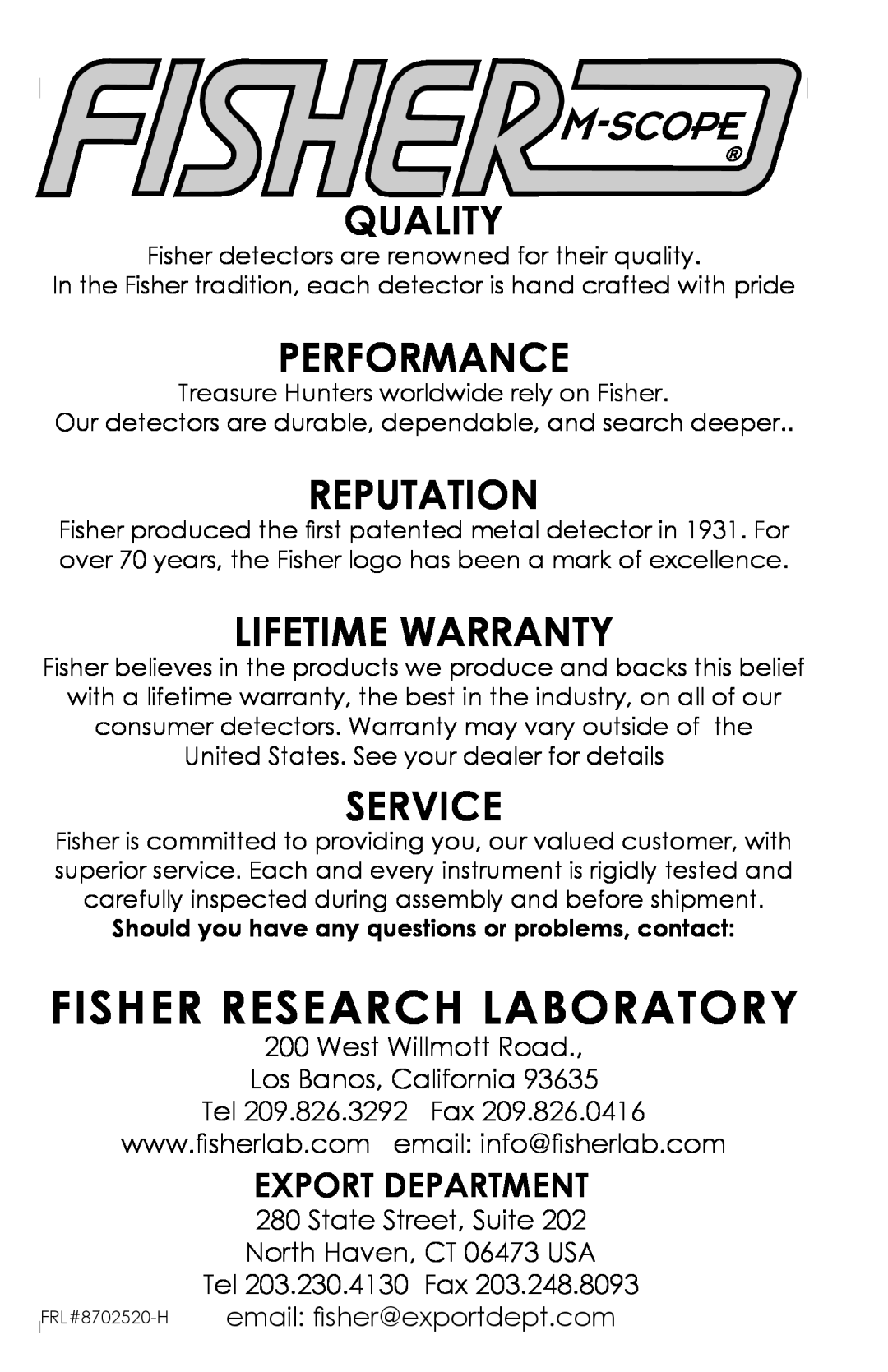 Fisher 1225-X Fisher Research Laboratory, Quality, Performance, Reputation, Lifetime Warranty, Service, Export Department 